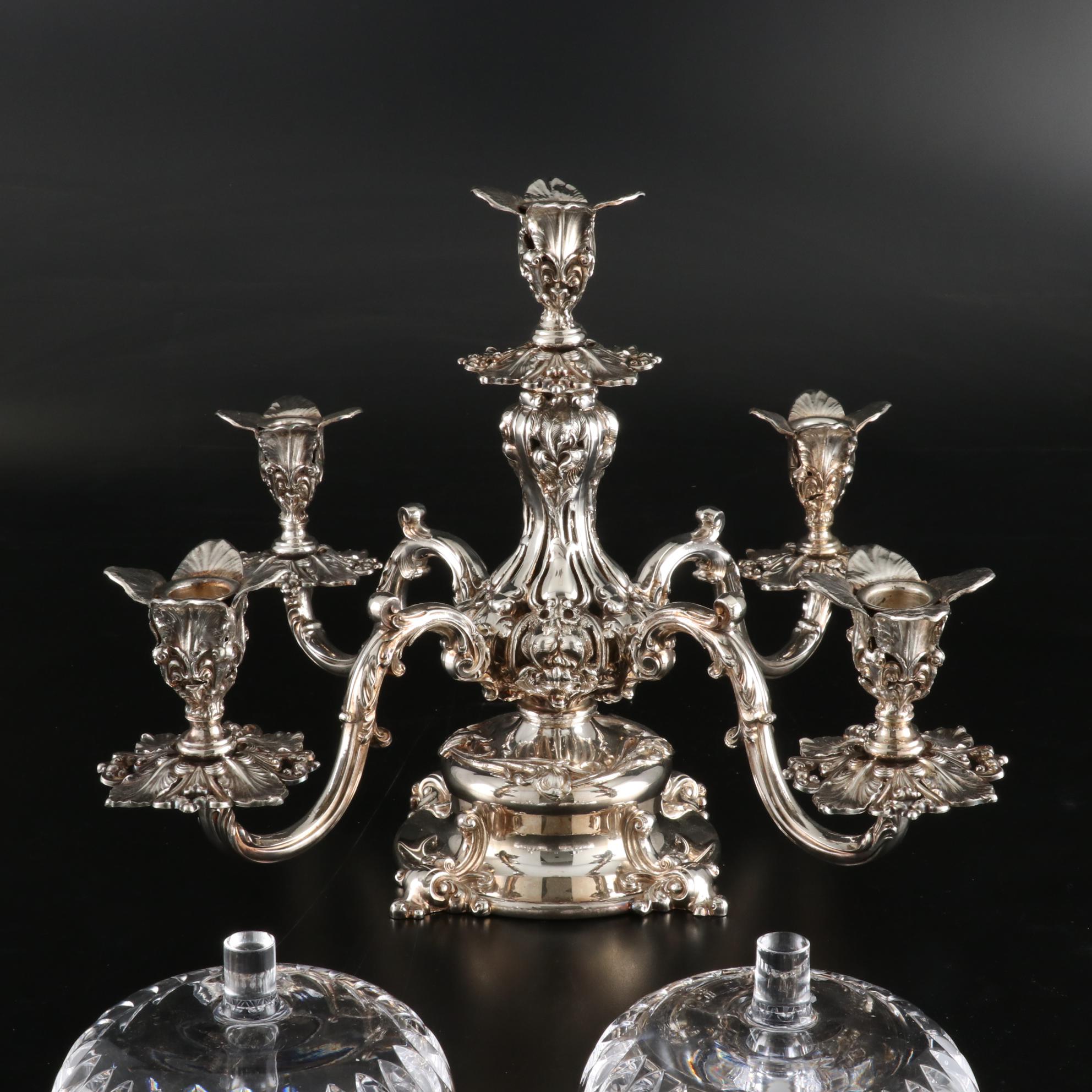 Reed & Barton Silver Plate Epergne with Miller Rogaska Crystal Bowls