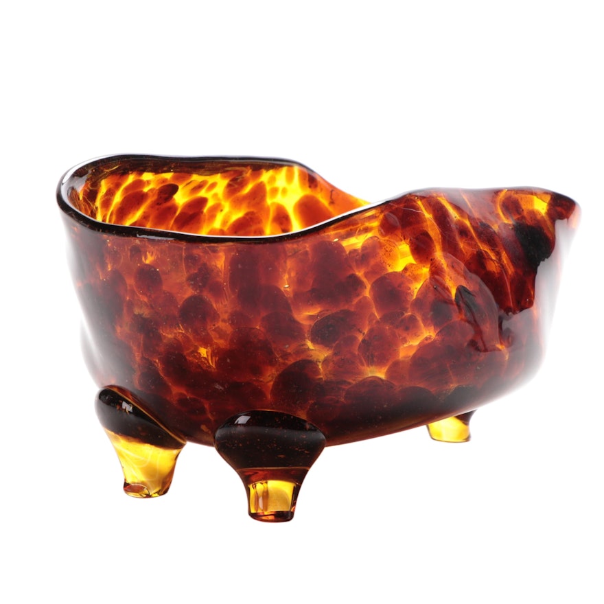 Amber Tortoise Shell Art Glass Footed Bowl