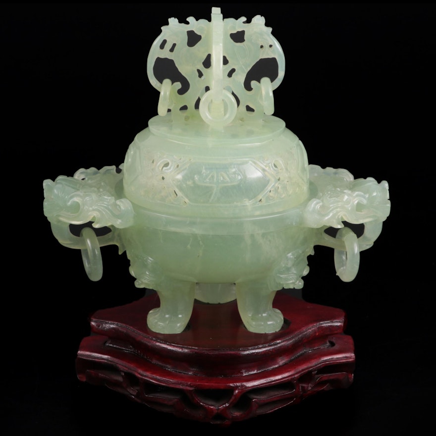 Chinese Carved Bowenite Censer with Dragon Handles