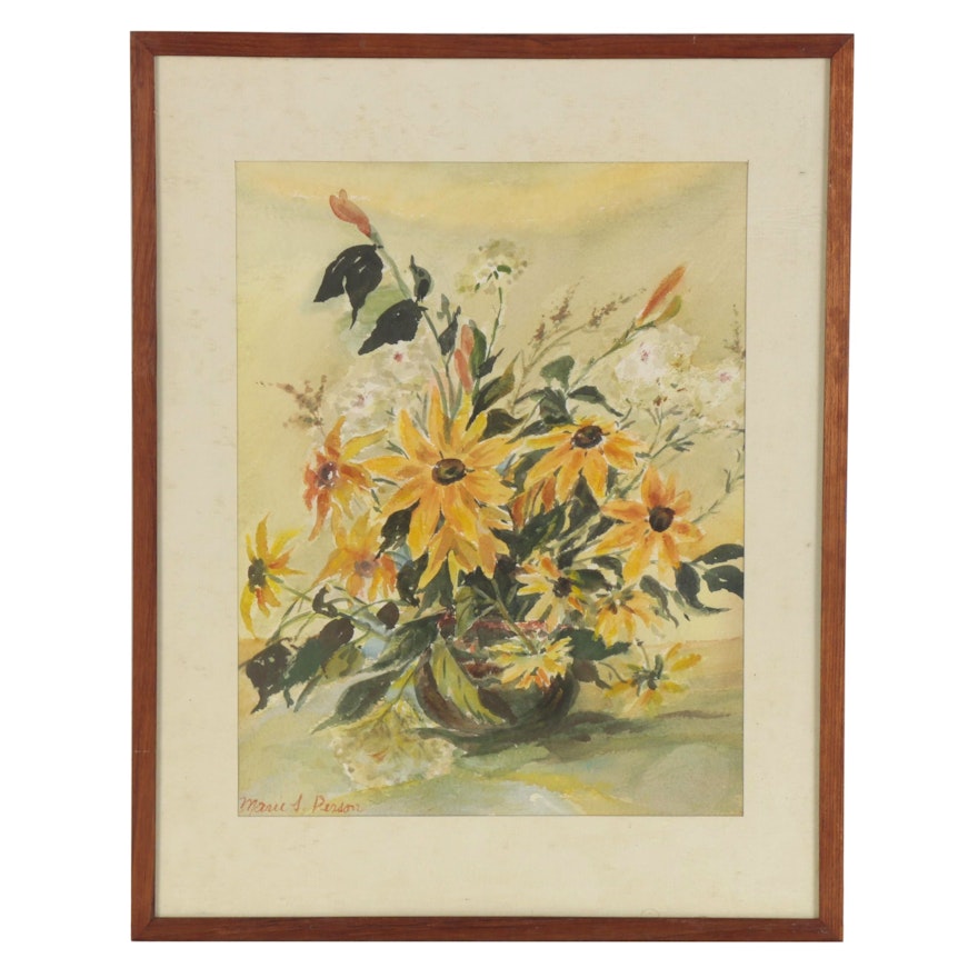 Marie S. Person Watercolor Painting "My Garden Flowers," Late 20th Century