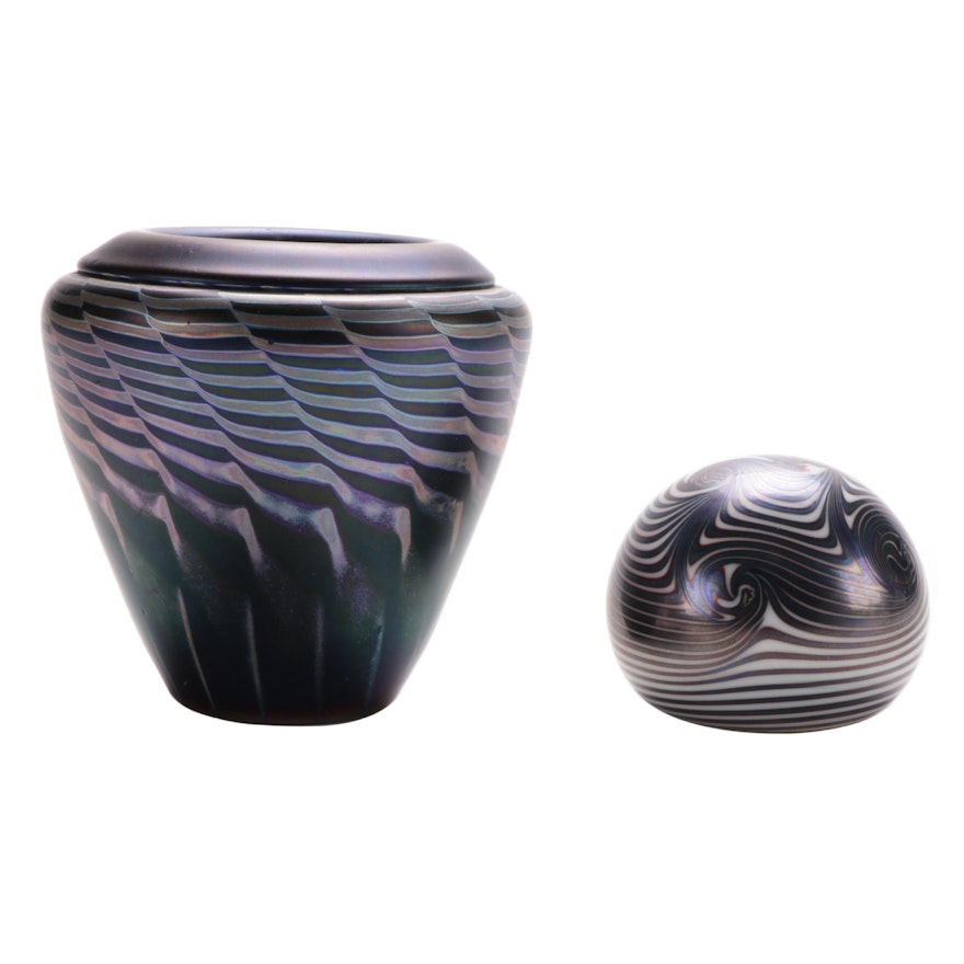 Tim Jerman Iridescent Vase and Steve Smyers "Northern Star" Paperweight, 1970s