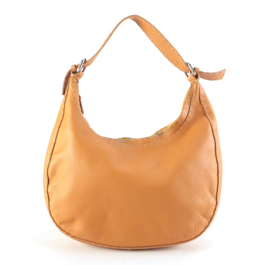 Fendi Semitracolla Selleria Hobo Bag in Orange Italian Pebbled Leather