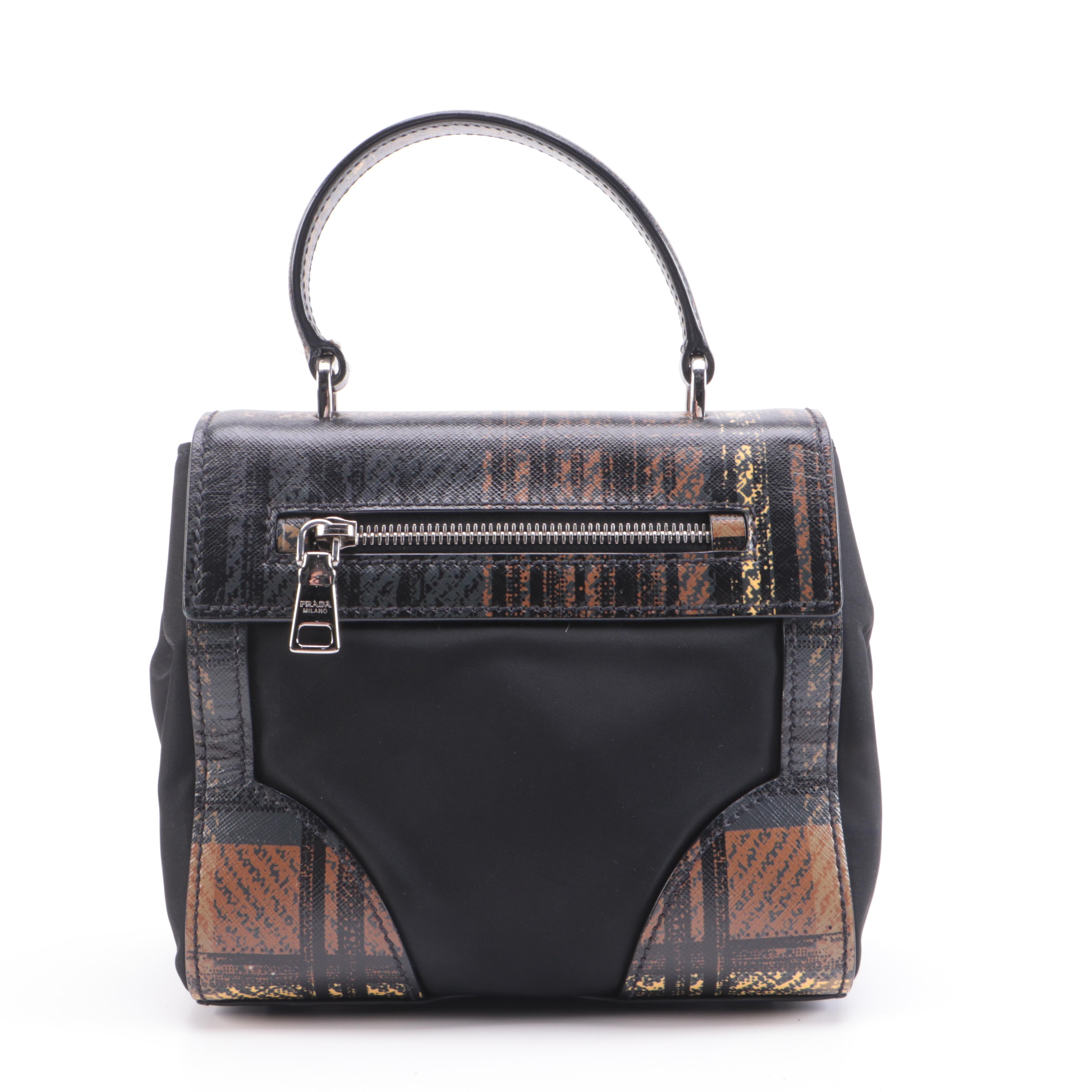 Prada Black Nylon and Plaid Coated Canvas Two-Way Top Handle Bag