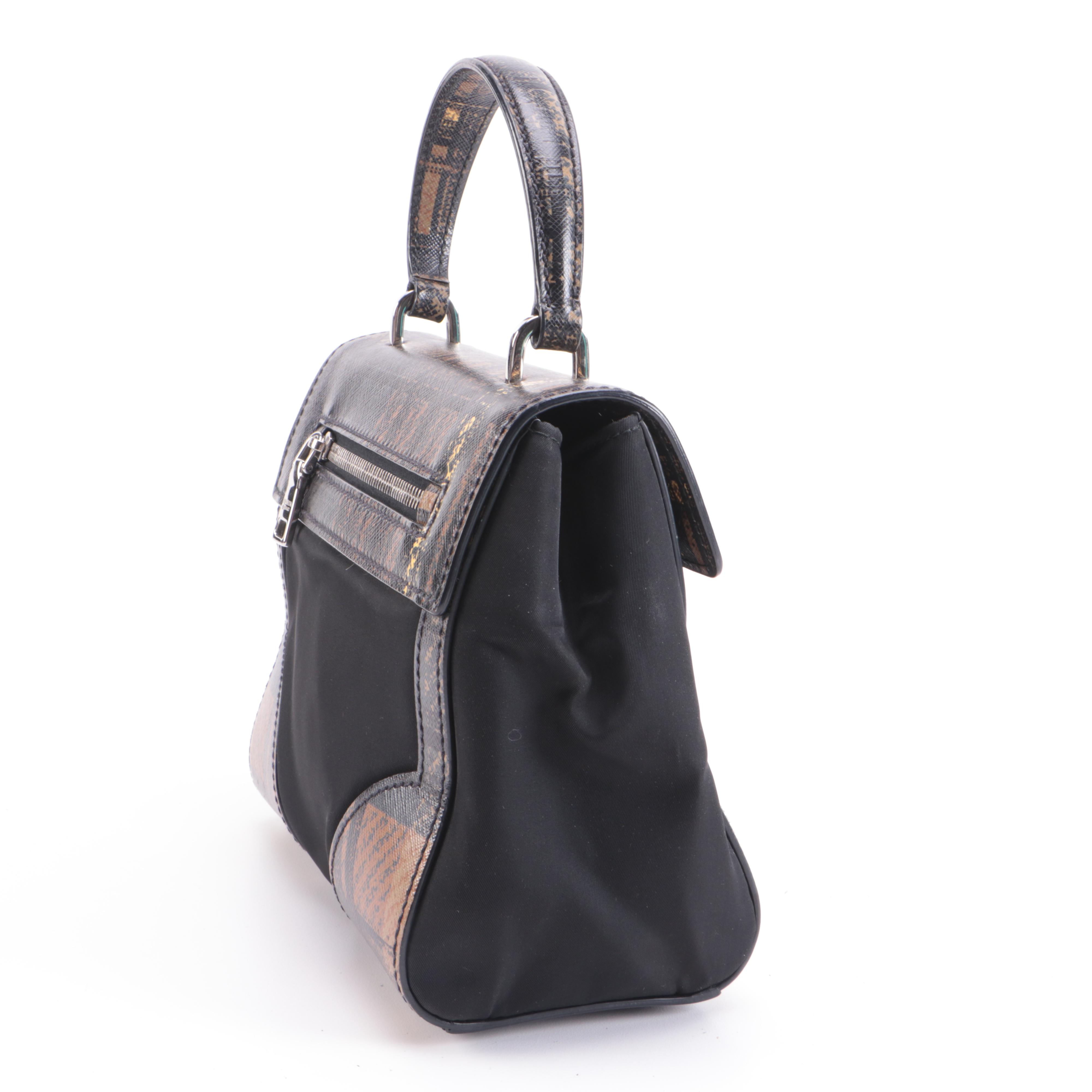 Prada Black Nylon and Plaid Coated Canvas Two-Way Top Handle Bag