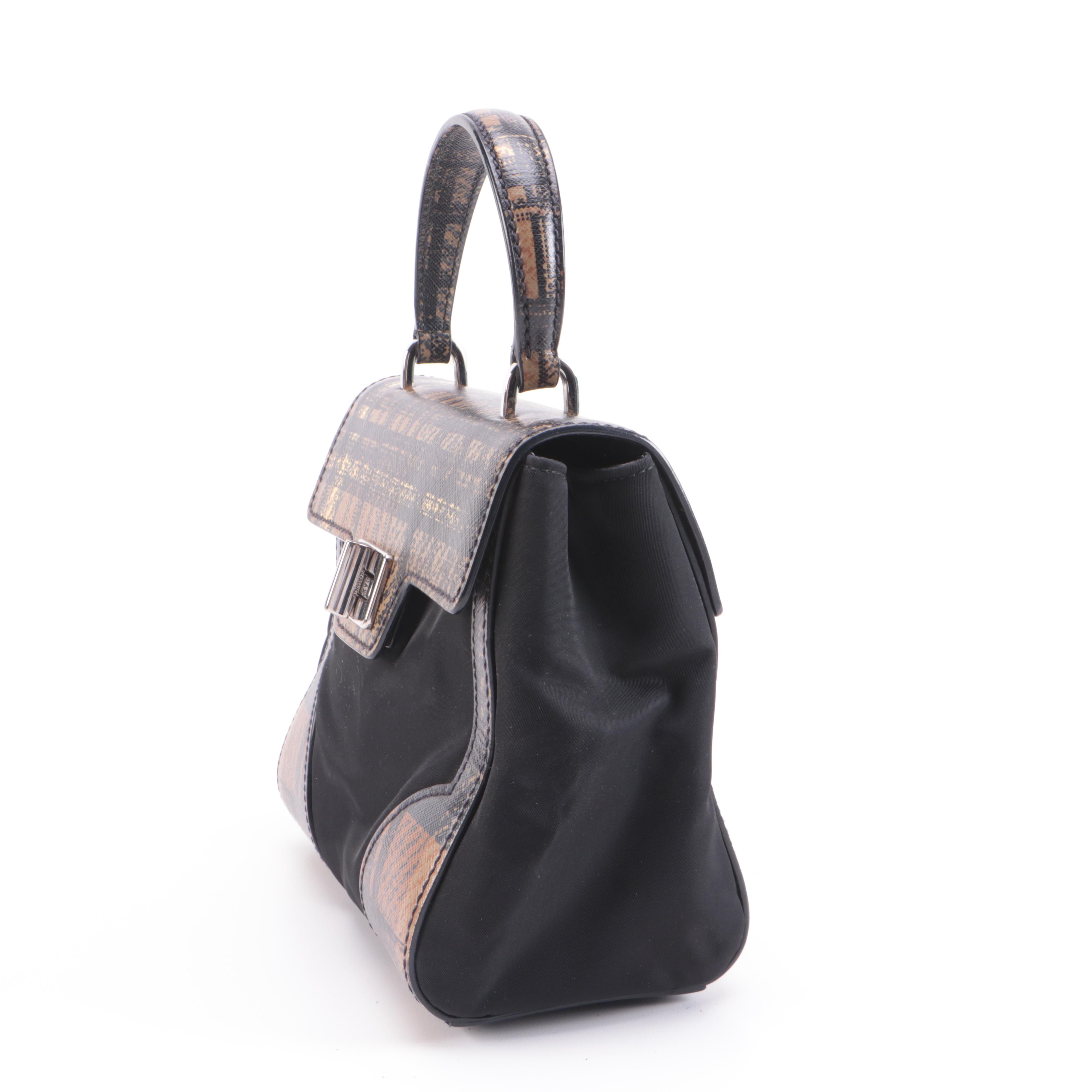 Prada Black Nylon and Plaid Coated Canvas Two-Way Top Handle Bag