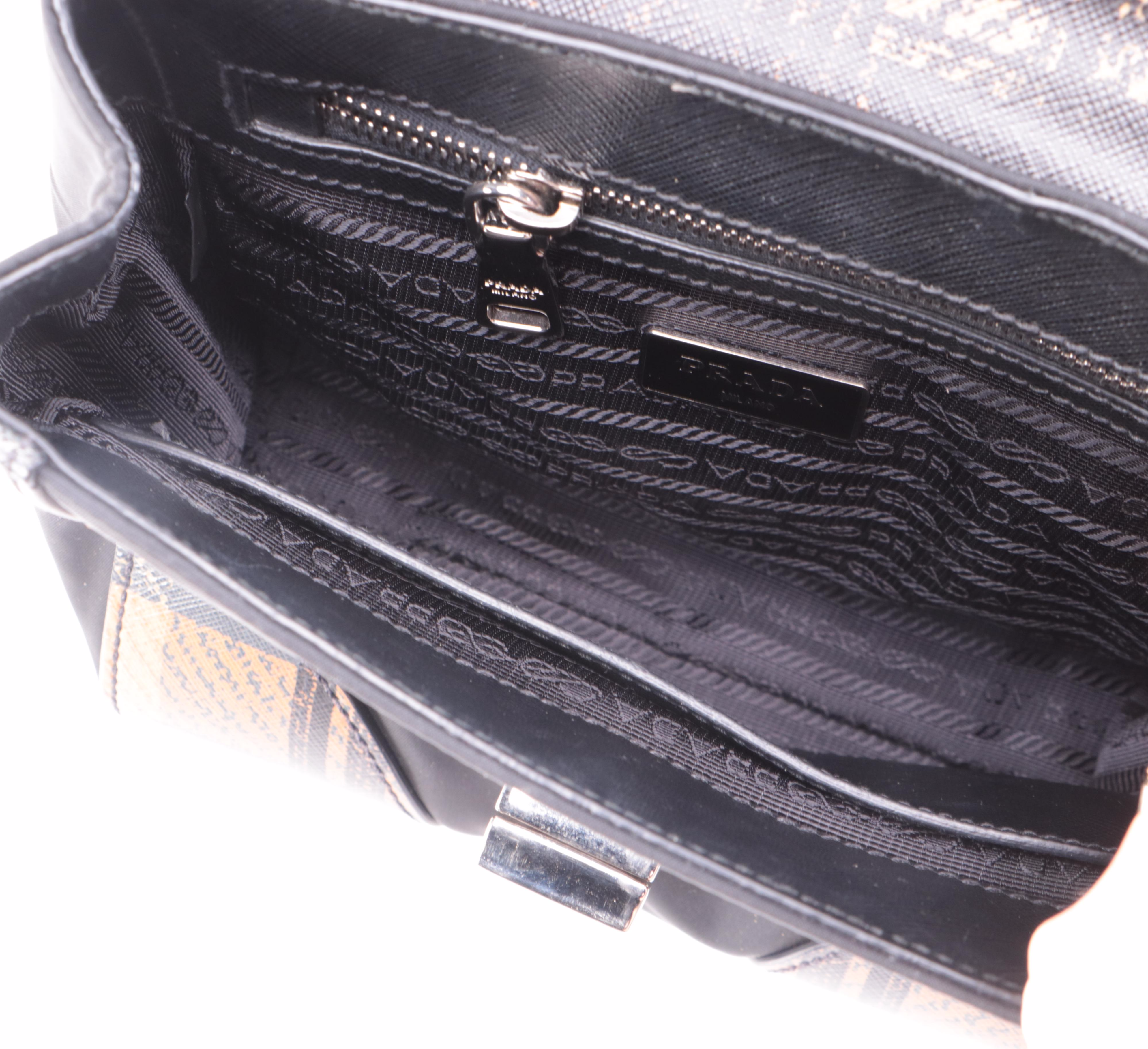 Prada Black Nylon and Plaid Coated Canvas Two-Way Top Handle Bag