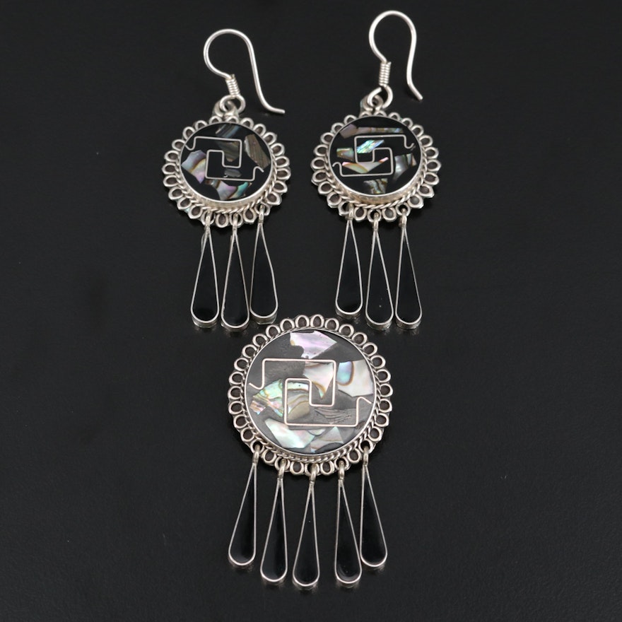 Sterling Silver Abalone Converter Brooch and Earring Set