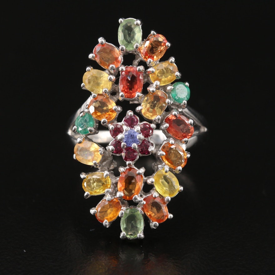 Sterling Sapphire, Garnet and Emerald Oval Cluster Ring