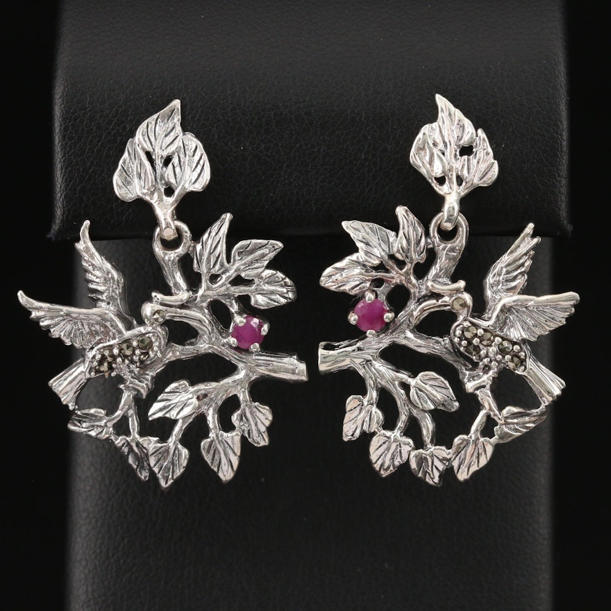 Sterling Silver Corundum and Marcasite Flora and Fauna Earrings
