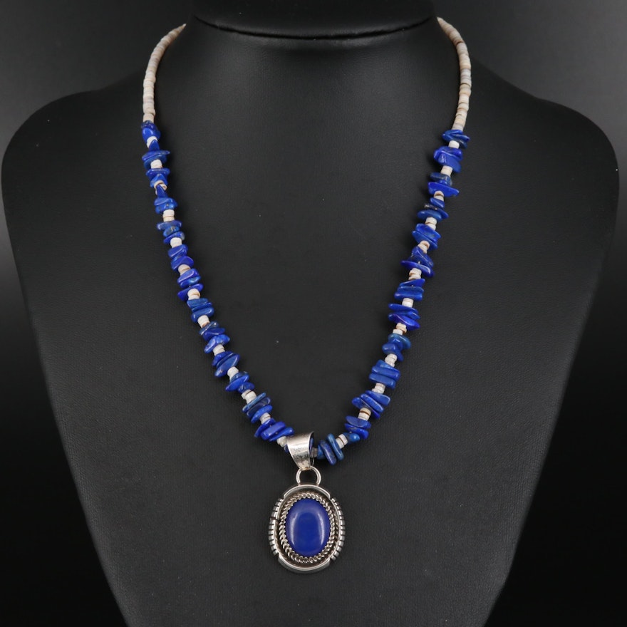 Southwestern Signed T. Enreka Sterling Lapis Lazuli and Shell Necklace
