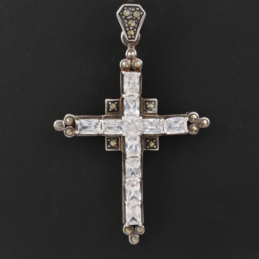 Sterling Silver Cubic Zirconia and Marcasite Cross Pendant