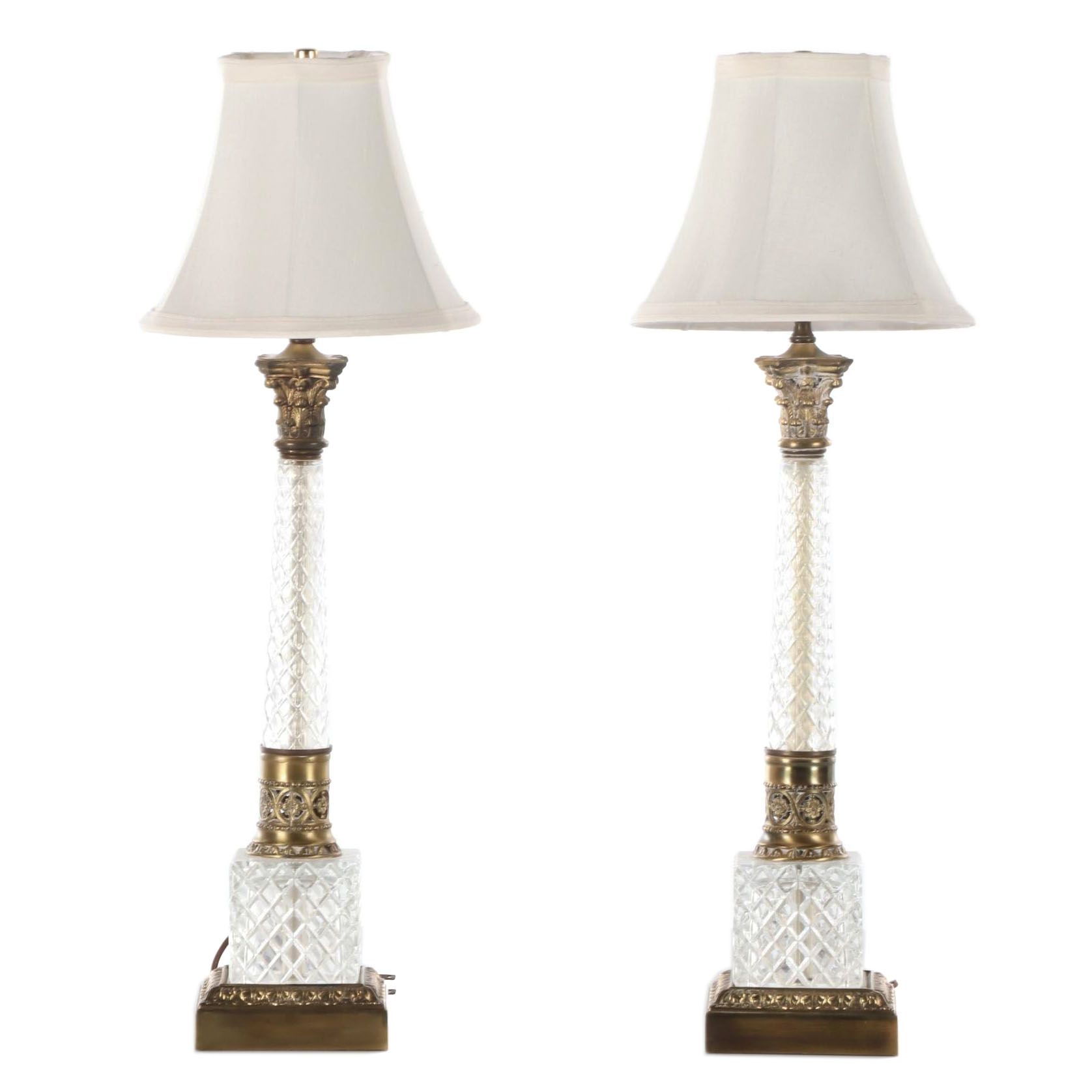 Pair of Jillian Marie Cut Glass Corinthian Column Style Table Lamps