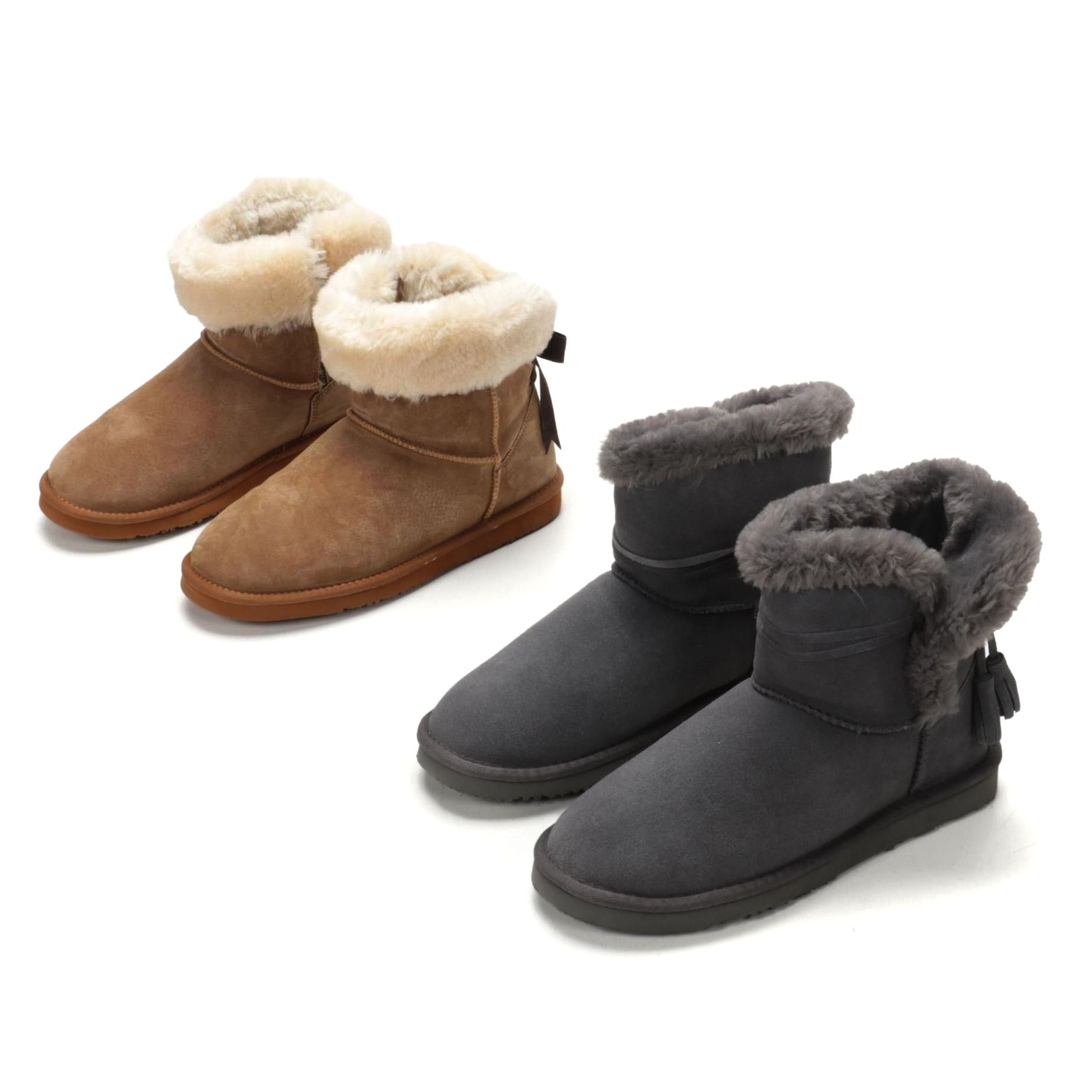 Lamo Thalia and Adele Suede Booties in Charcoal and Chestnut