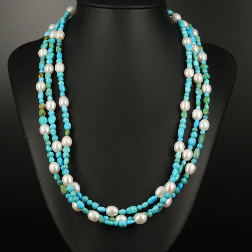 Pearl and Turquoise Triple Strand Necklace with Sterling Clasp