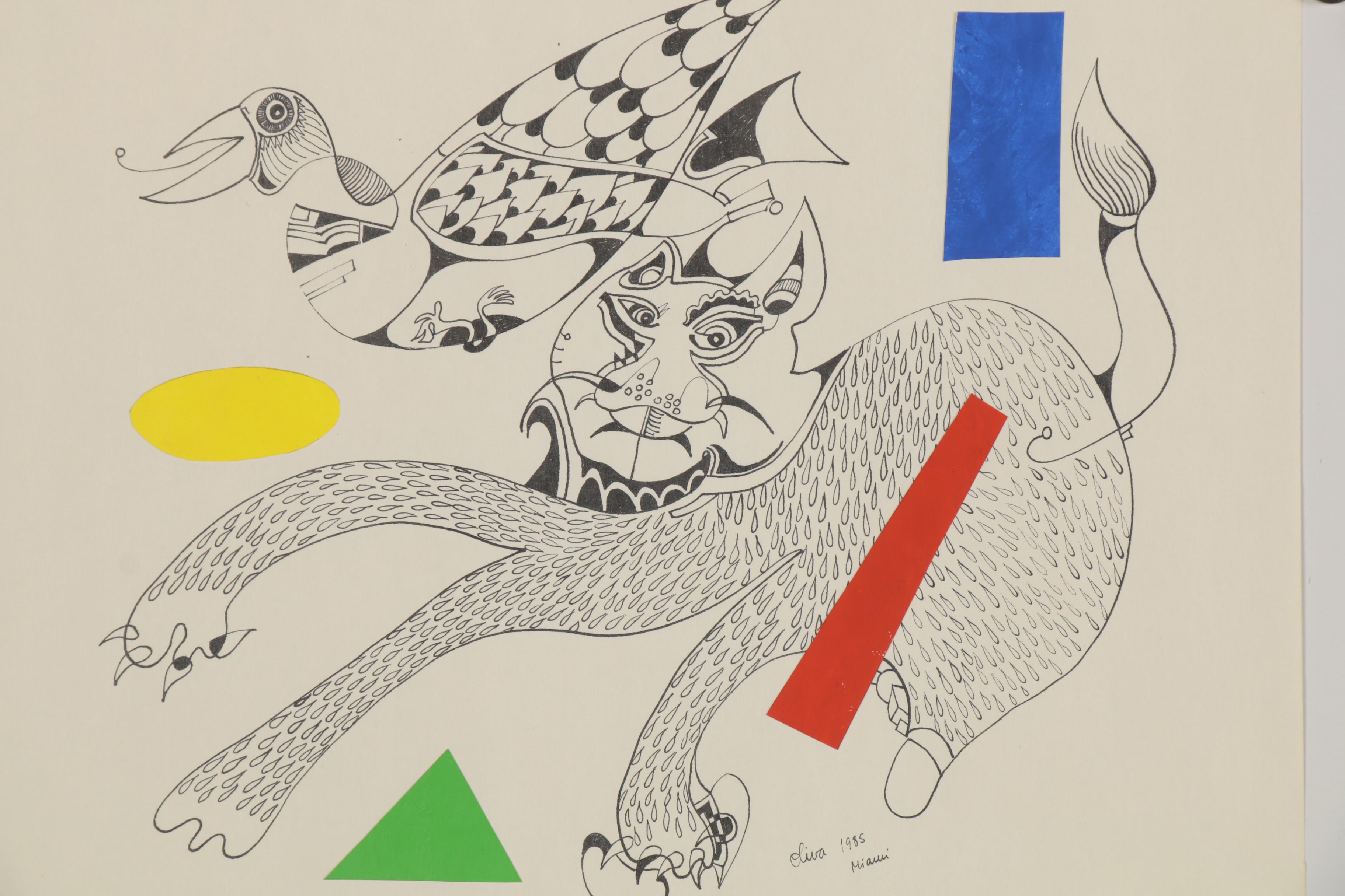 Eduardo Oliva Surrealist Paper Collage and Ink Drawing, 1985