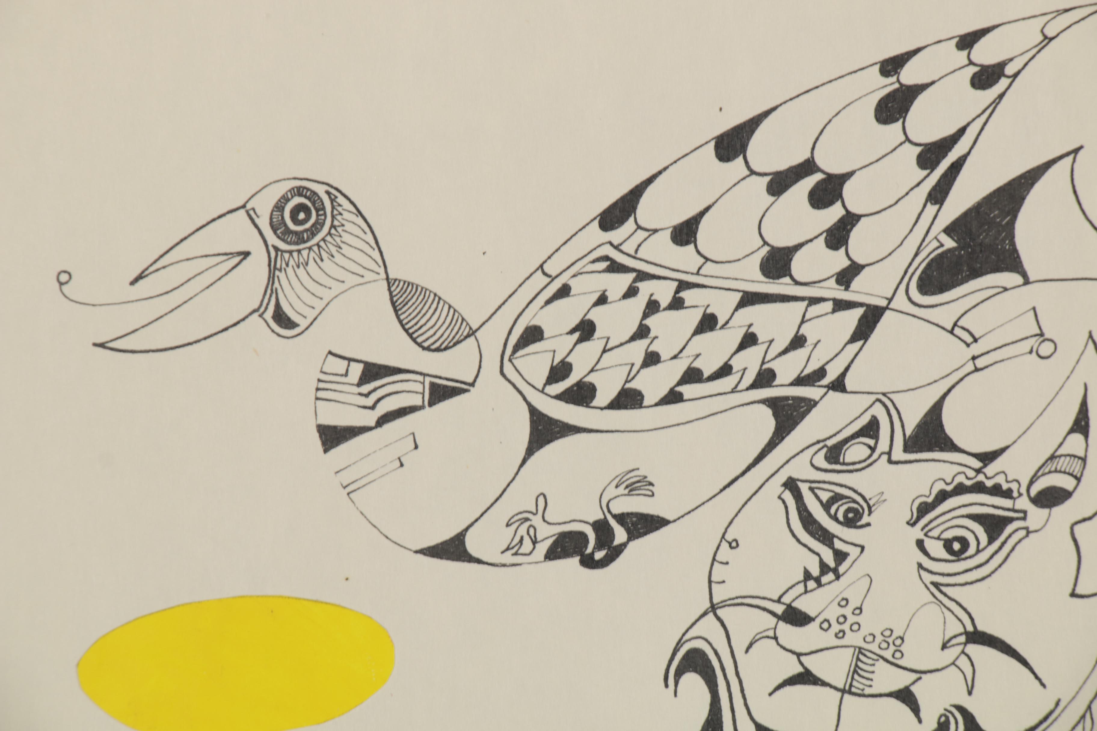 Eduardo Oliva Surrealist Paper Collage and Ink Drawing, 1985