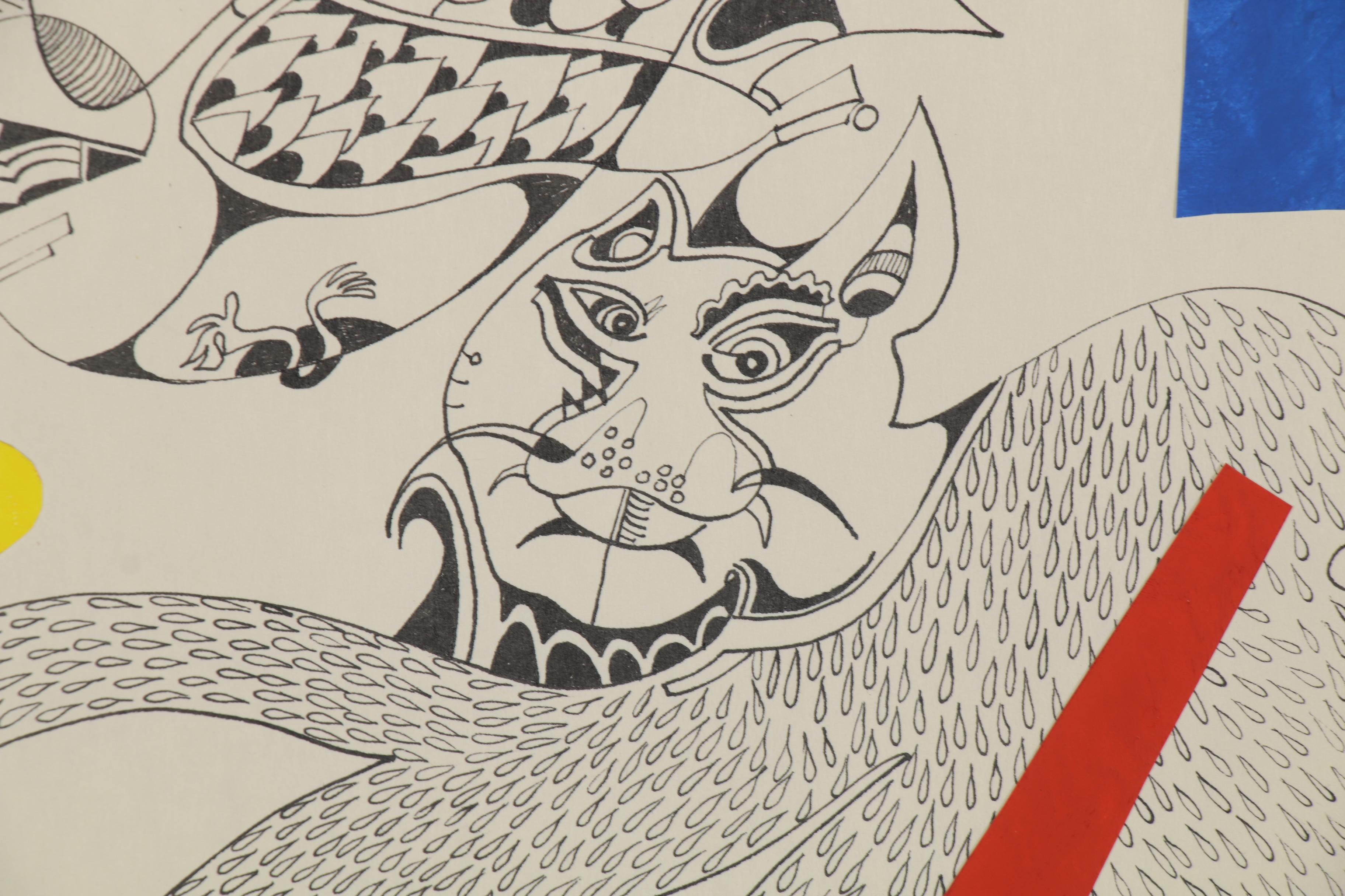 Eduardo Oliva Surrealist Paper Collage and Ink Drawing, 1985