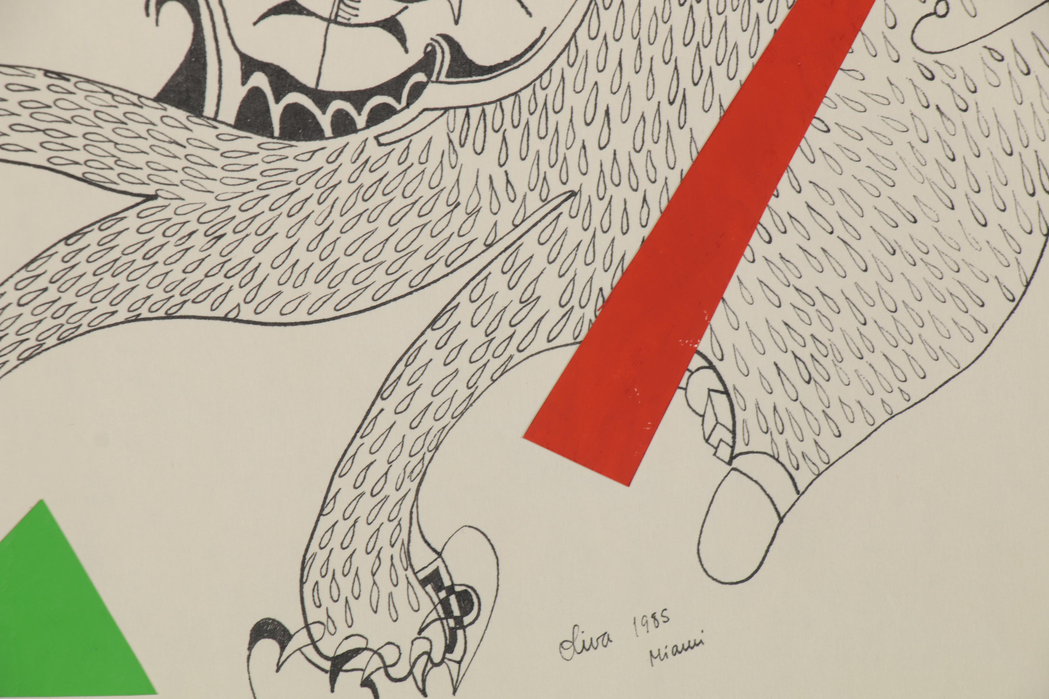 Eduardo Oliva Surrealist Paper Collage and Ink Drawing, 1985