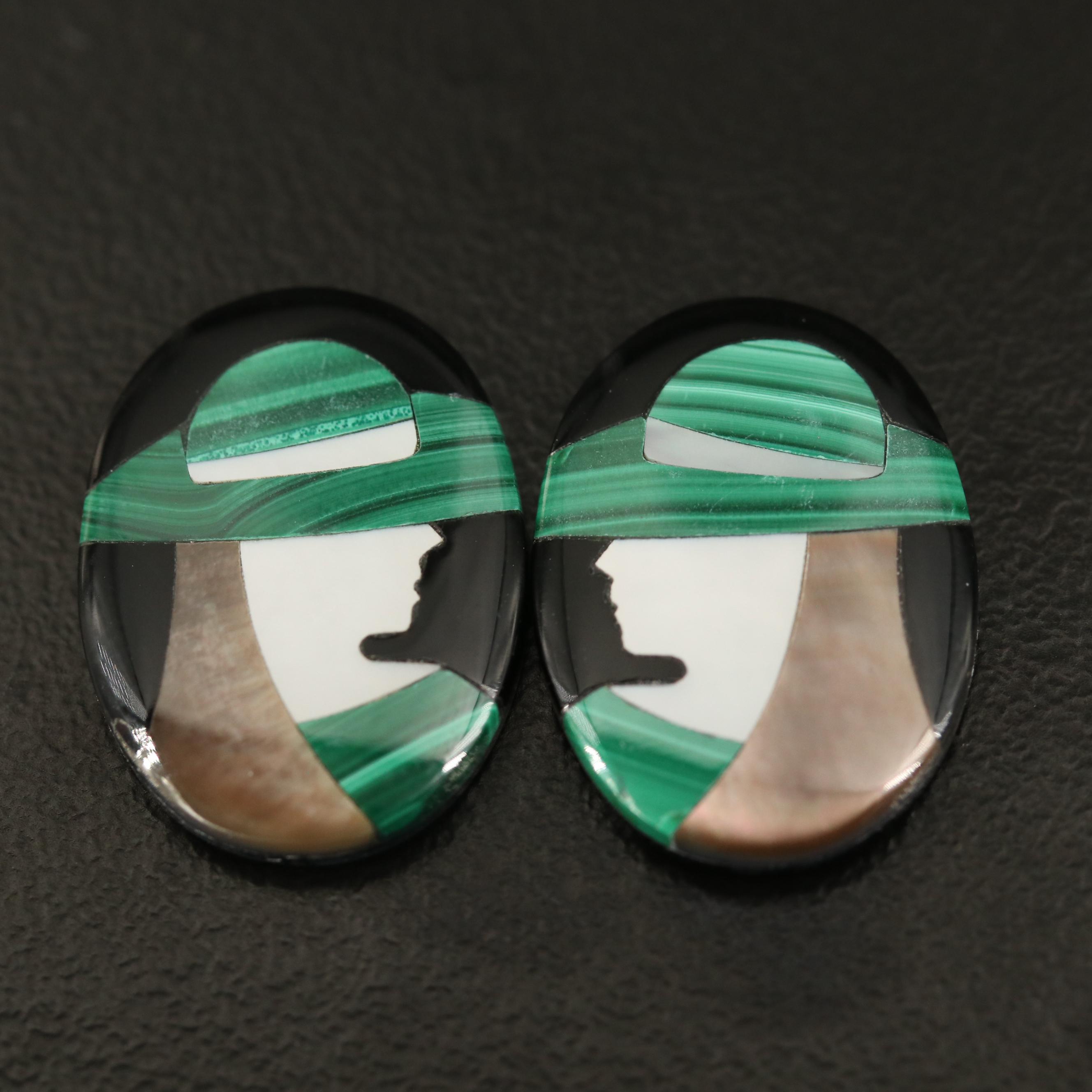 Loose Inlay Black Onyx, Mother of Pearl and Malachite Feminine Cameos