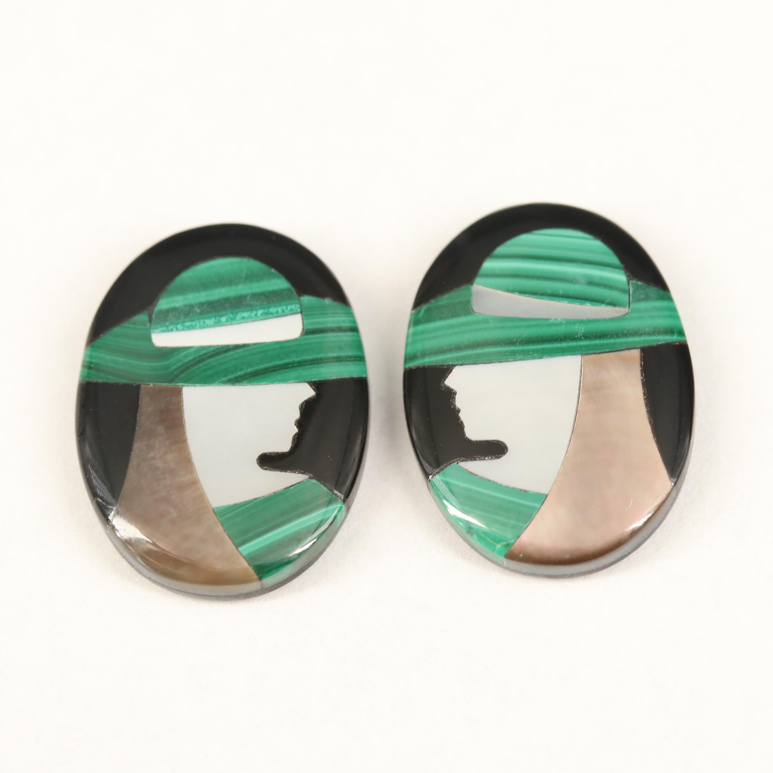 Loose Inlay Black Onyx, Mother of Pearl and Malachite Feminine Cameos