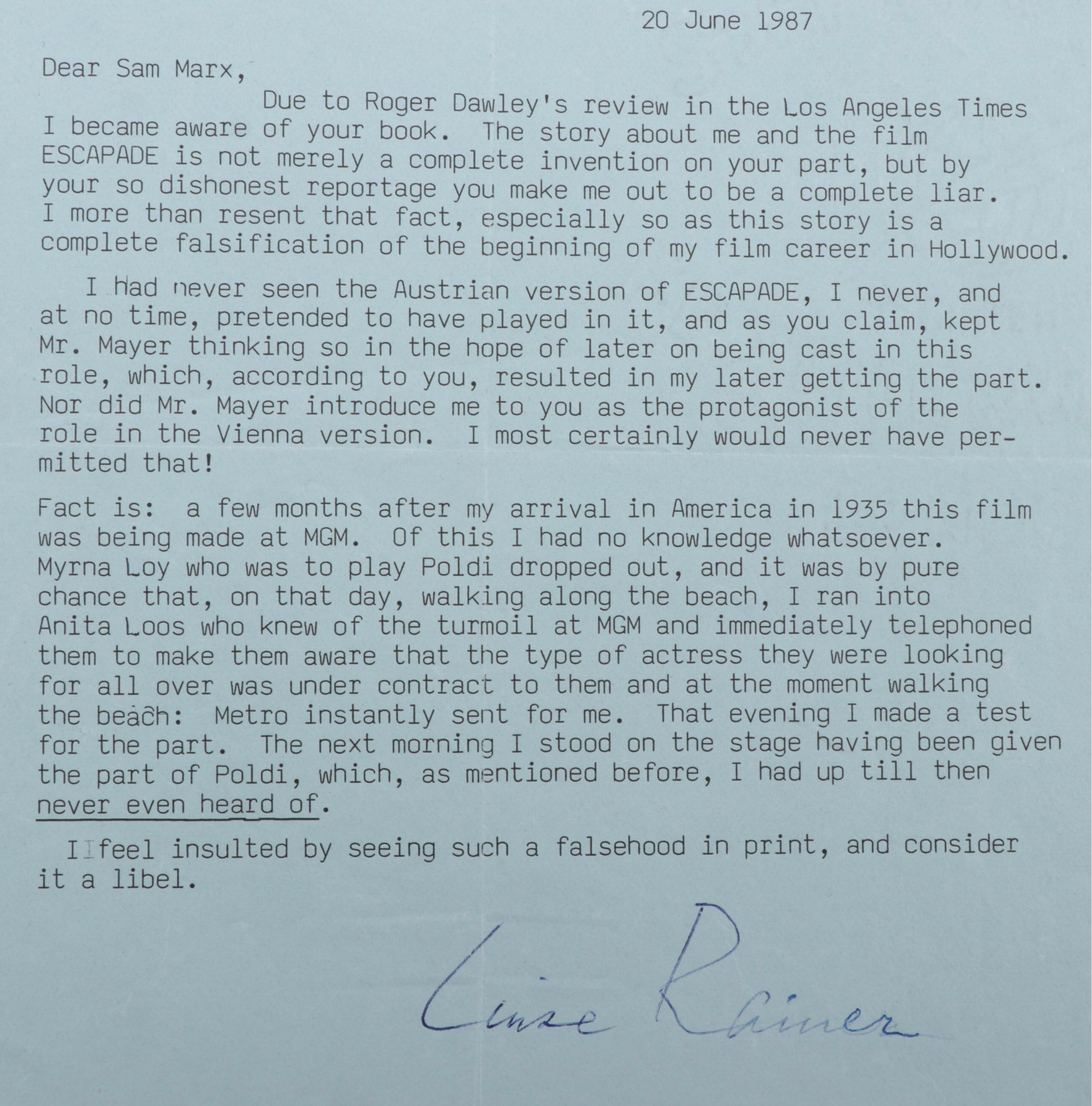 Luise Rainer Letter to Samuel Marx, 1987