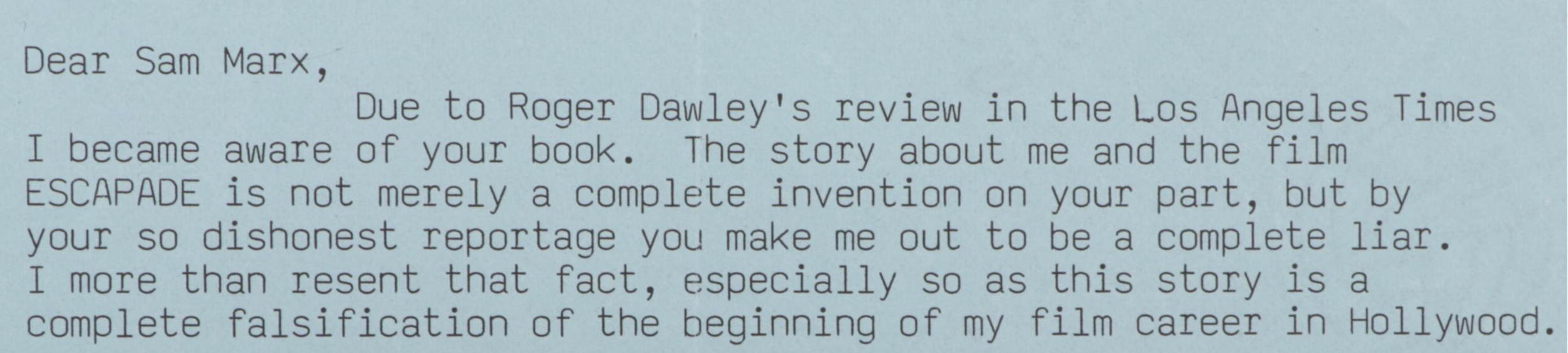Luise Rainer Letter to Samuel Marx, 1987