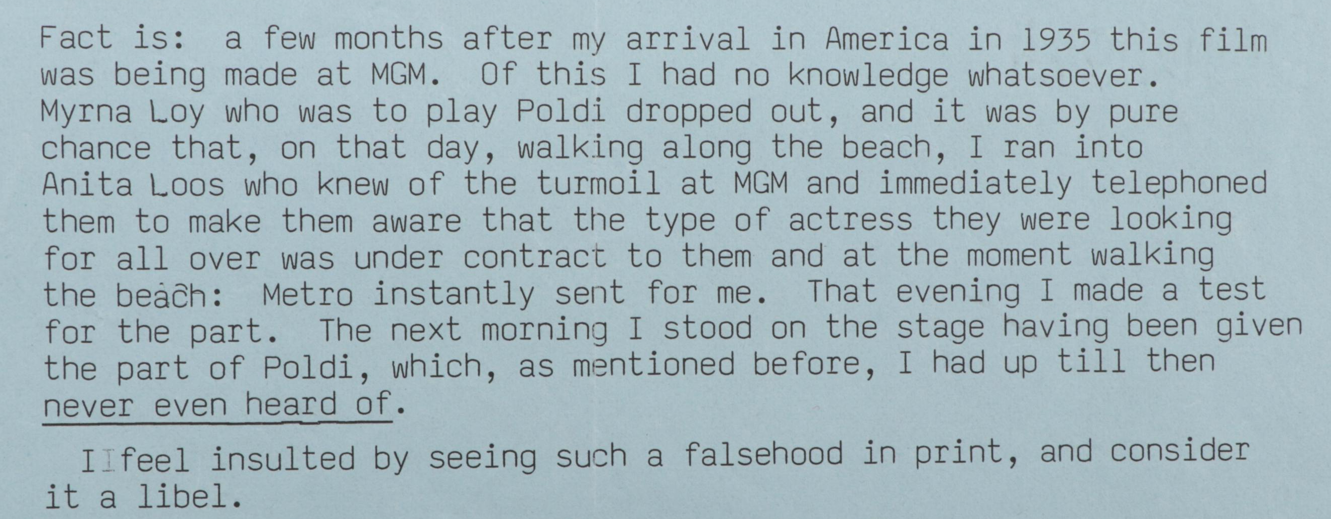 Luise Rainer Letter to Samuel Marx, 1987