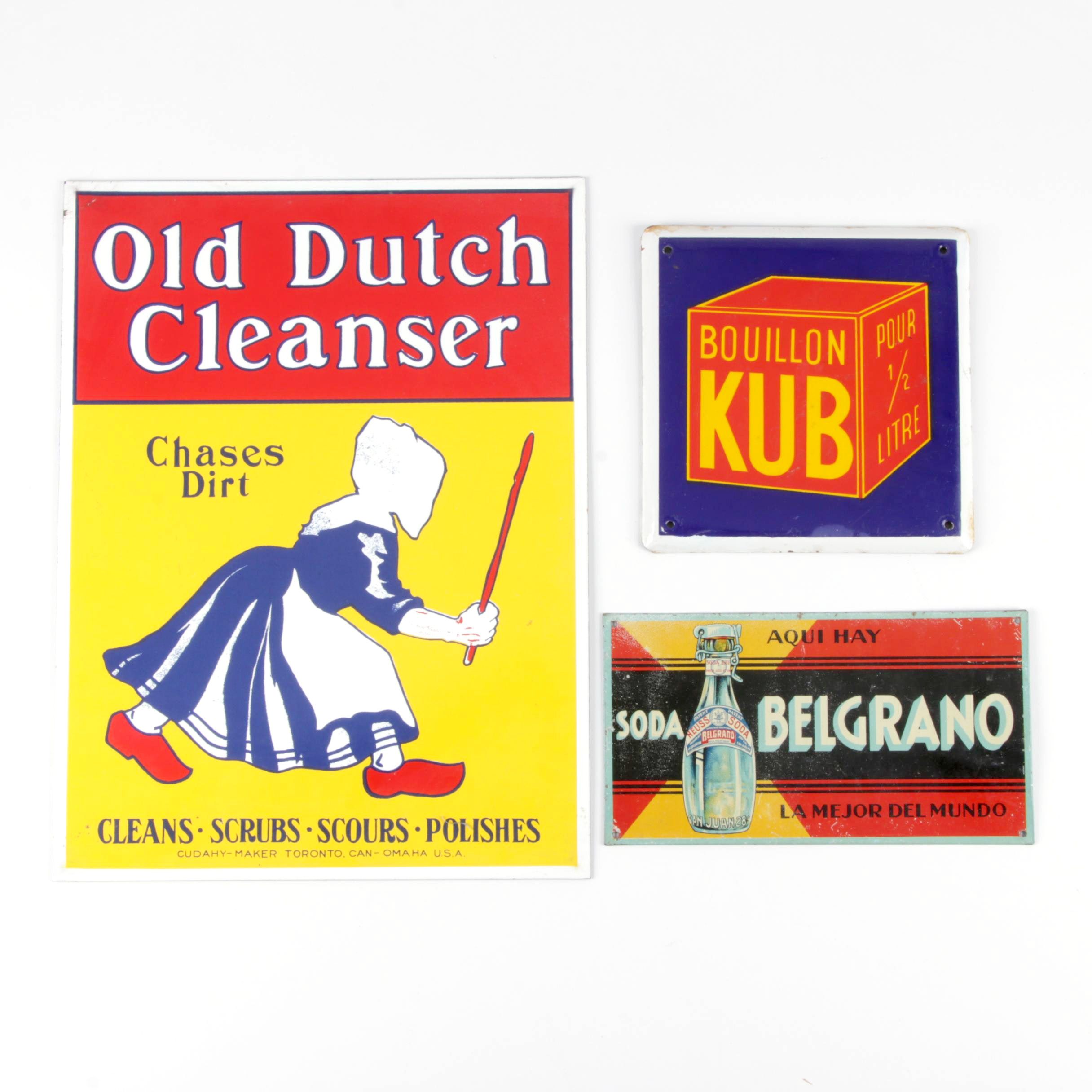 "Old Dutch Cleanser," "Soda Belgrano," and "Bouillon KUB" Metal Signs