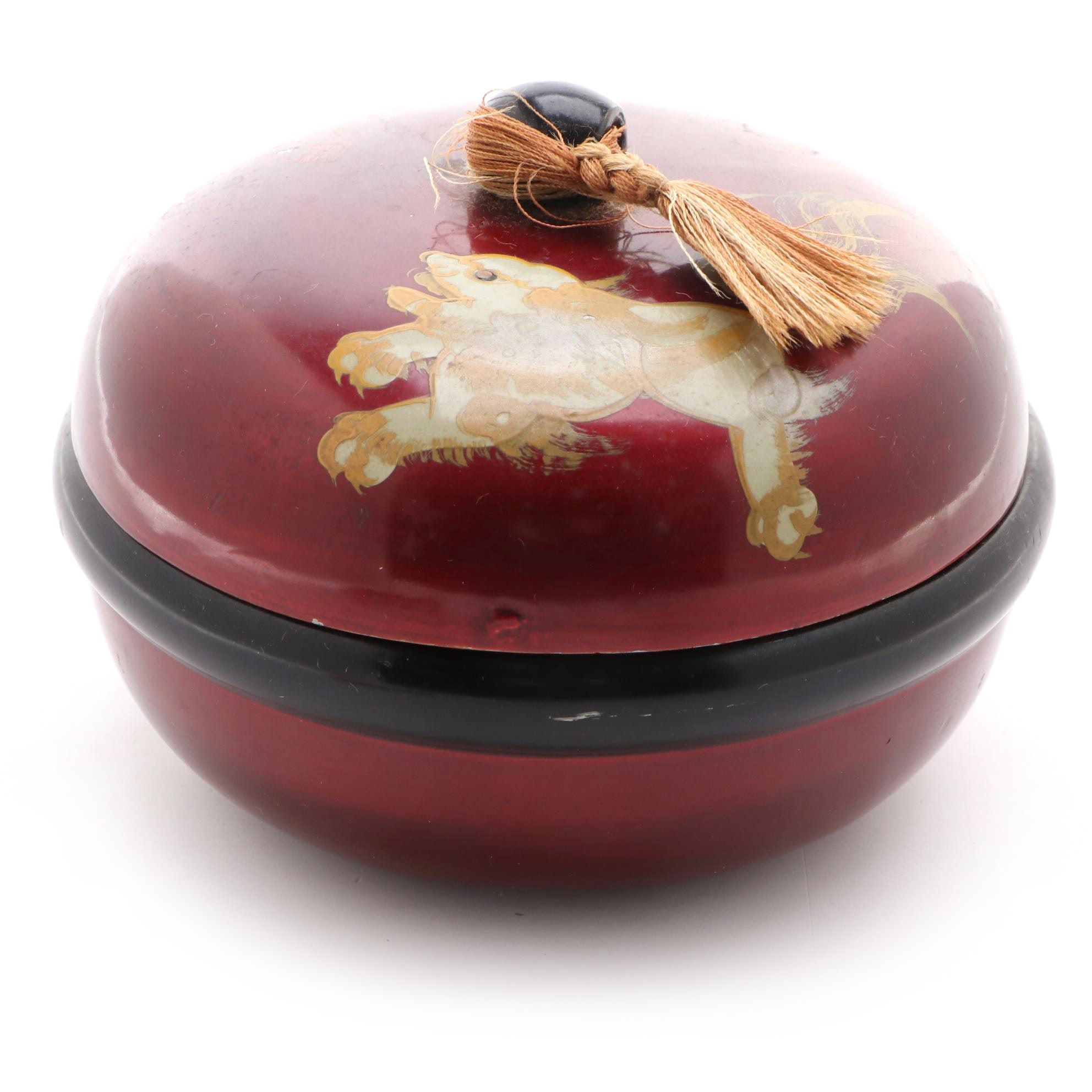 East Asian Lacquerware Lidded Box with Guardian Lion Motif