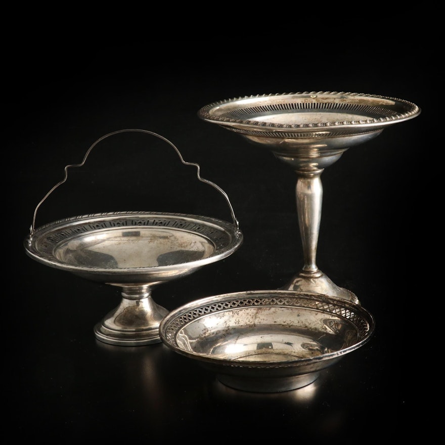 Wallace and Other Pierced Sterling Silver Compote, Bowl and Handled Basket