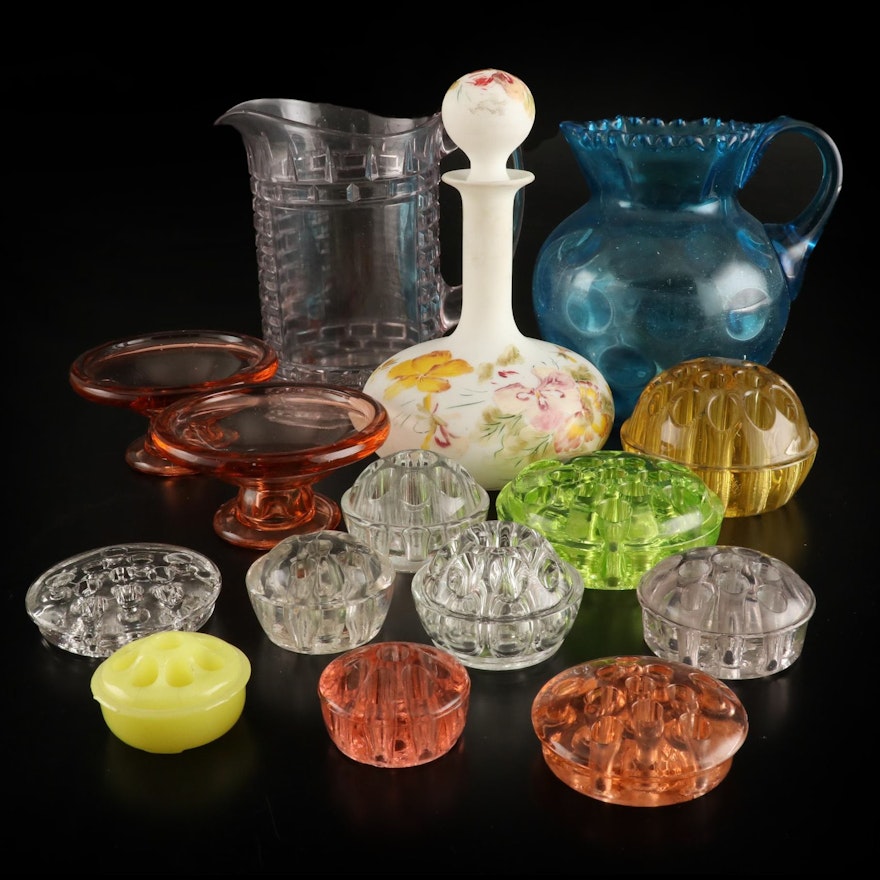 Hand-Painted Decanter, Colored Glass Pitchers and Floral Frogs