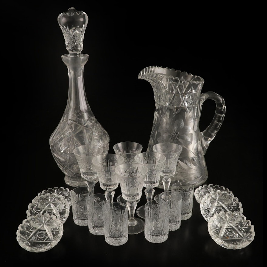 Cut Glass Decanter and Lemonade Set with Other Tableware, Early-Mid 20th Century