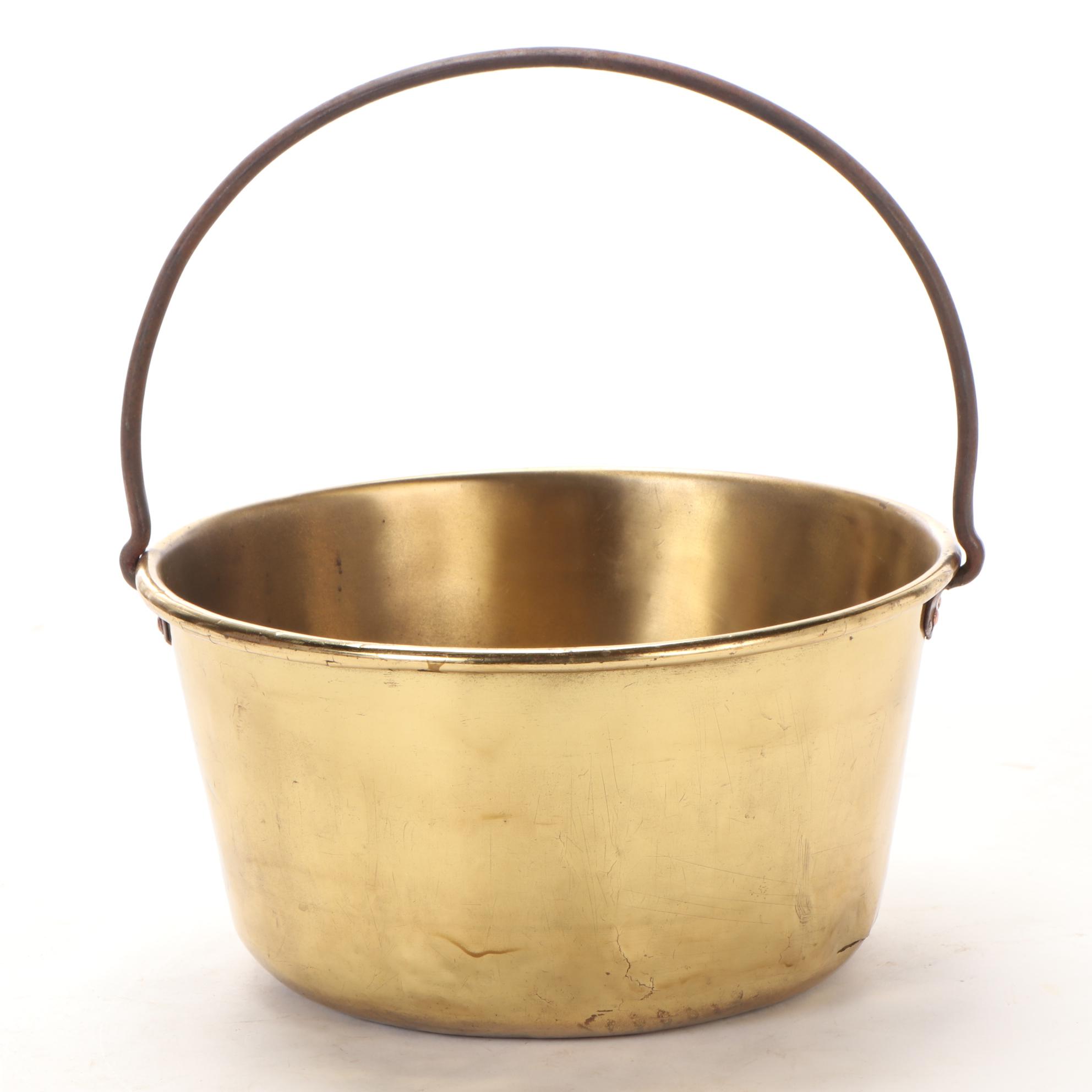 Brass Cauldron with Cast Iron Handle and Copper Rivets, 19th Century