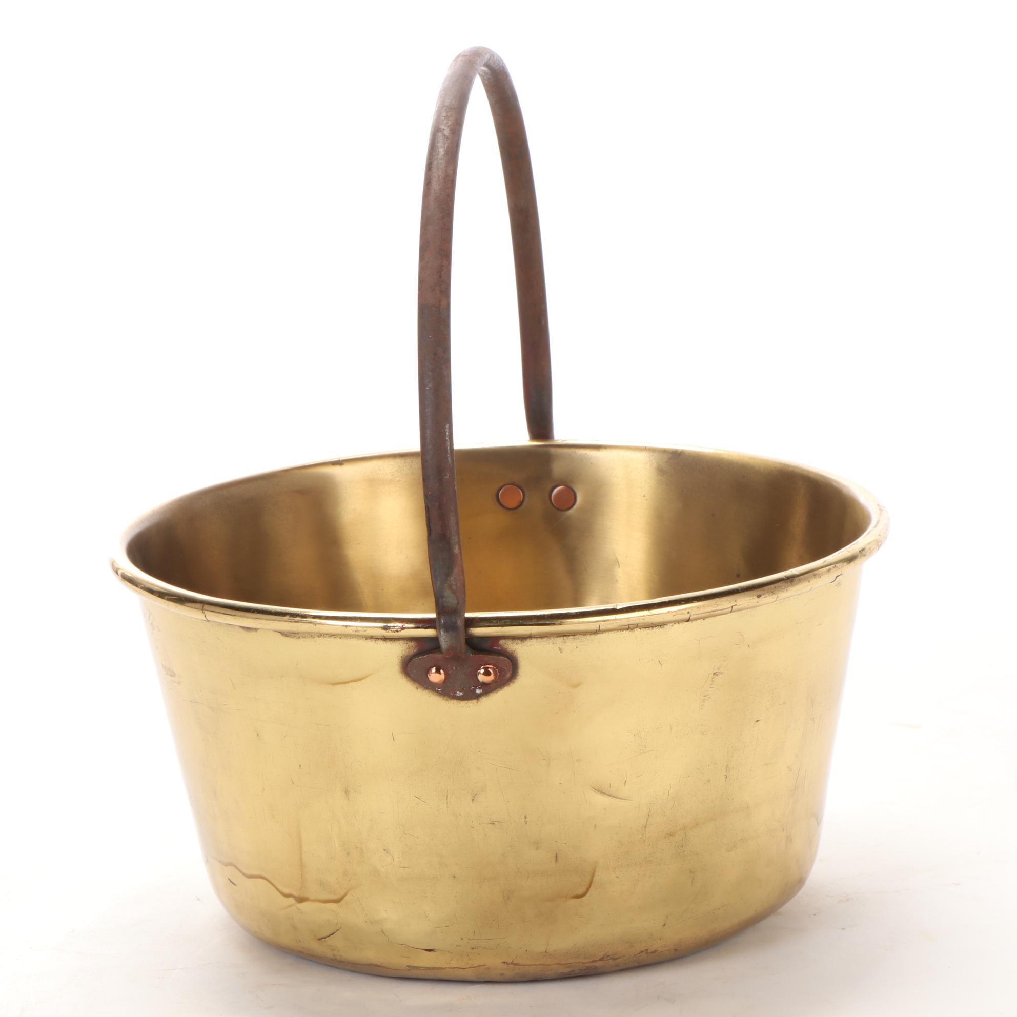 Brass Cauldron with Cast Iron Handle and Copper Rivets, 19th Century