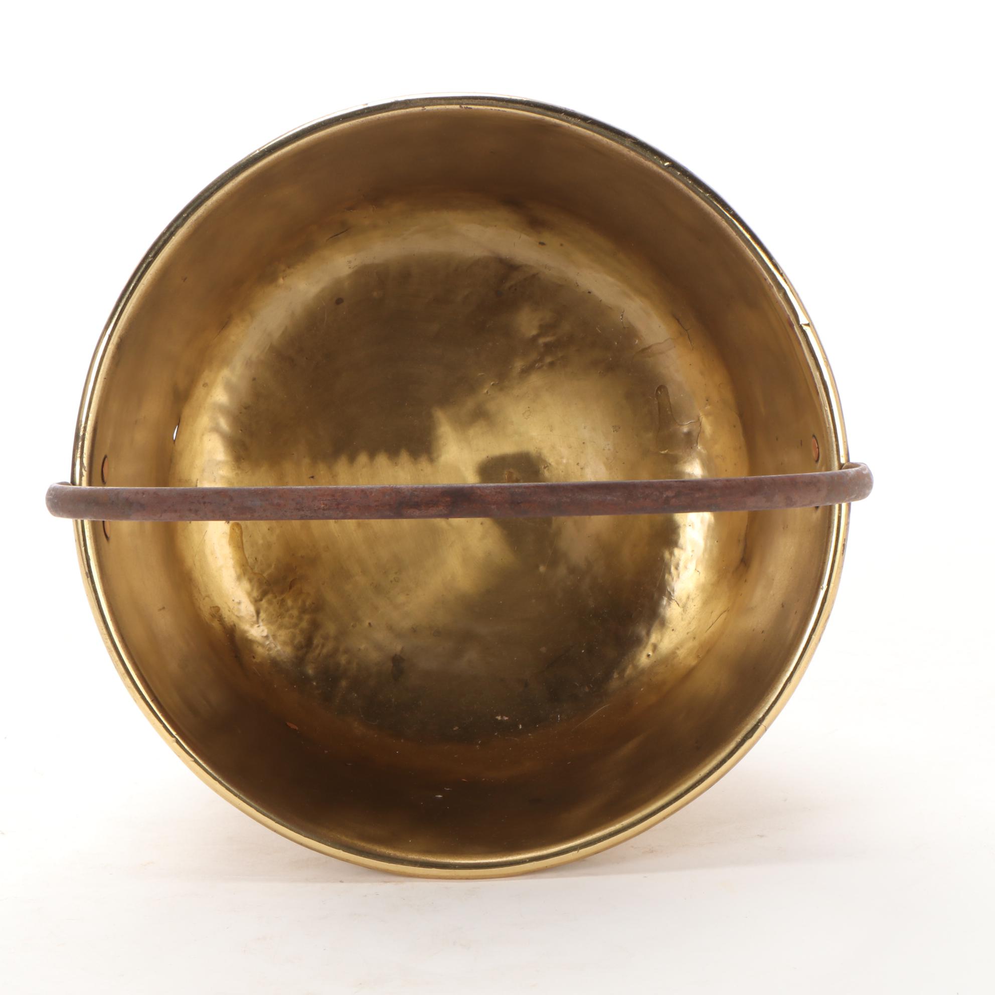 Brass Cauldron with Cast Iron Handle and Copper Rivets, 19th Century