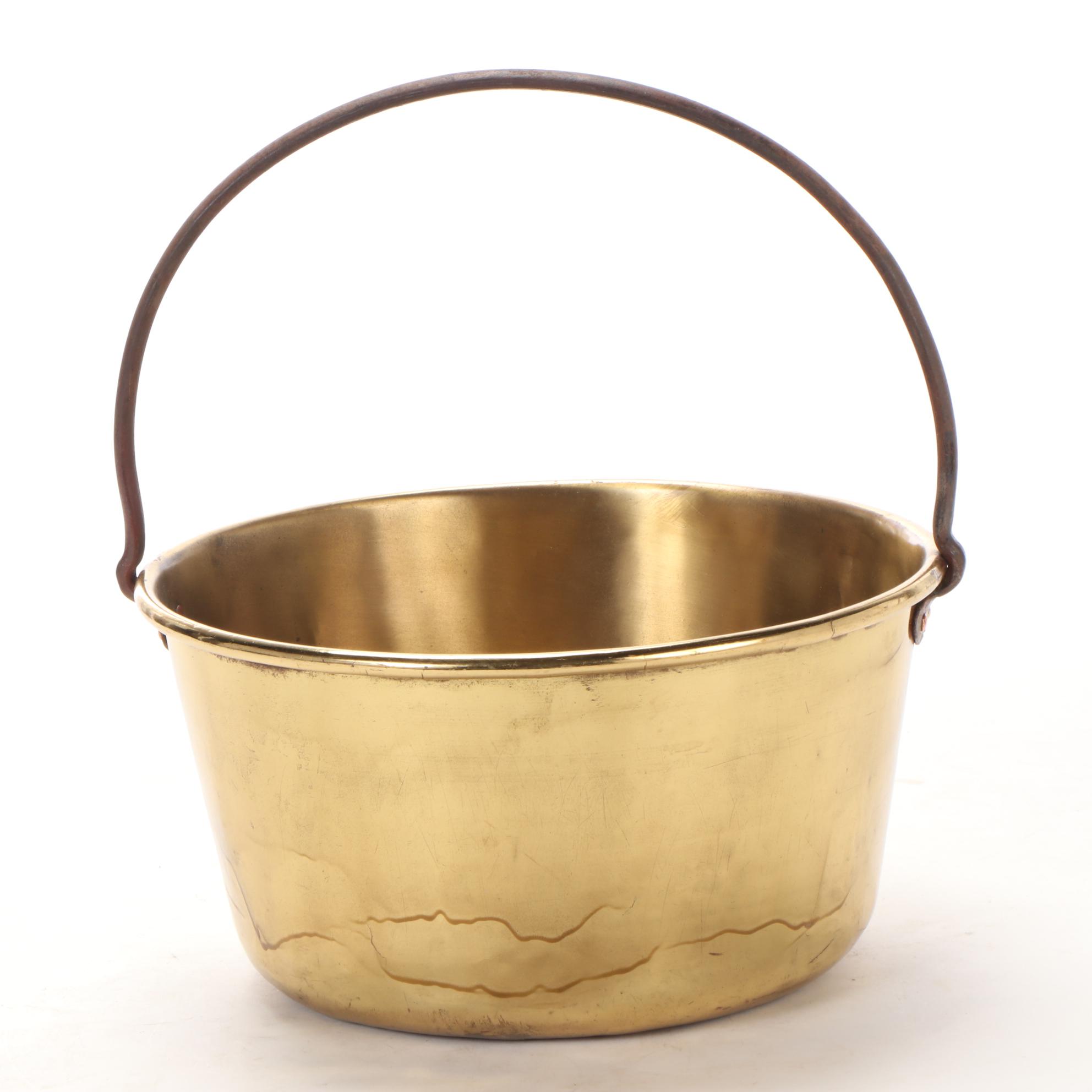 Brass Cauldron with Cast Iron Handle and Copper Rivets, 19th Century