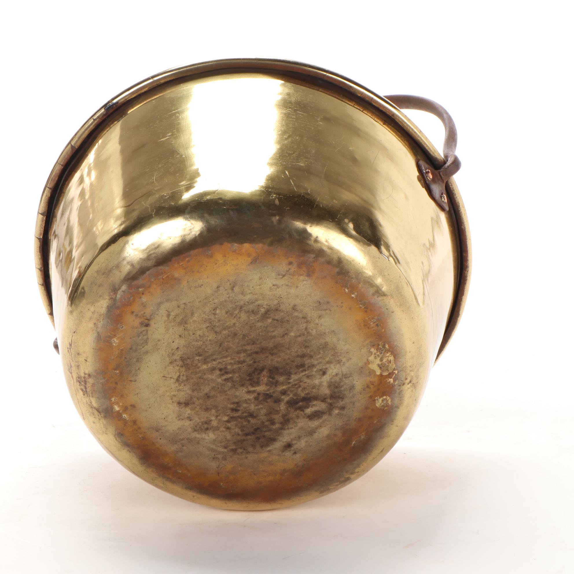 Brass Cauldron with Cast Iron Handle and Copper Rivets, 19th Century