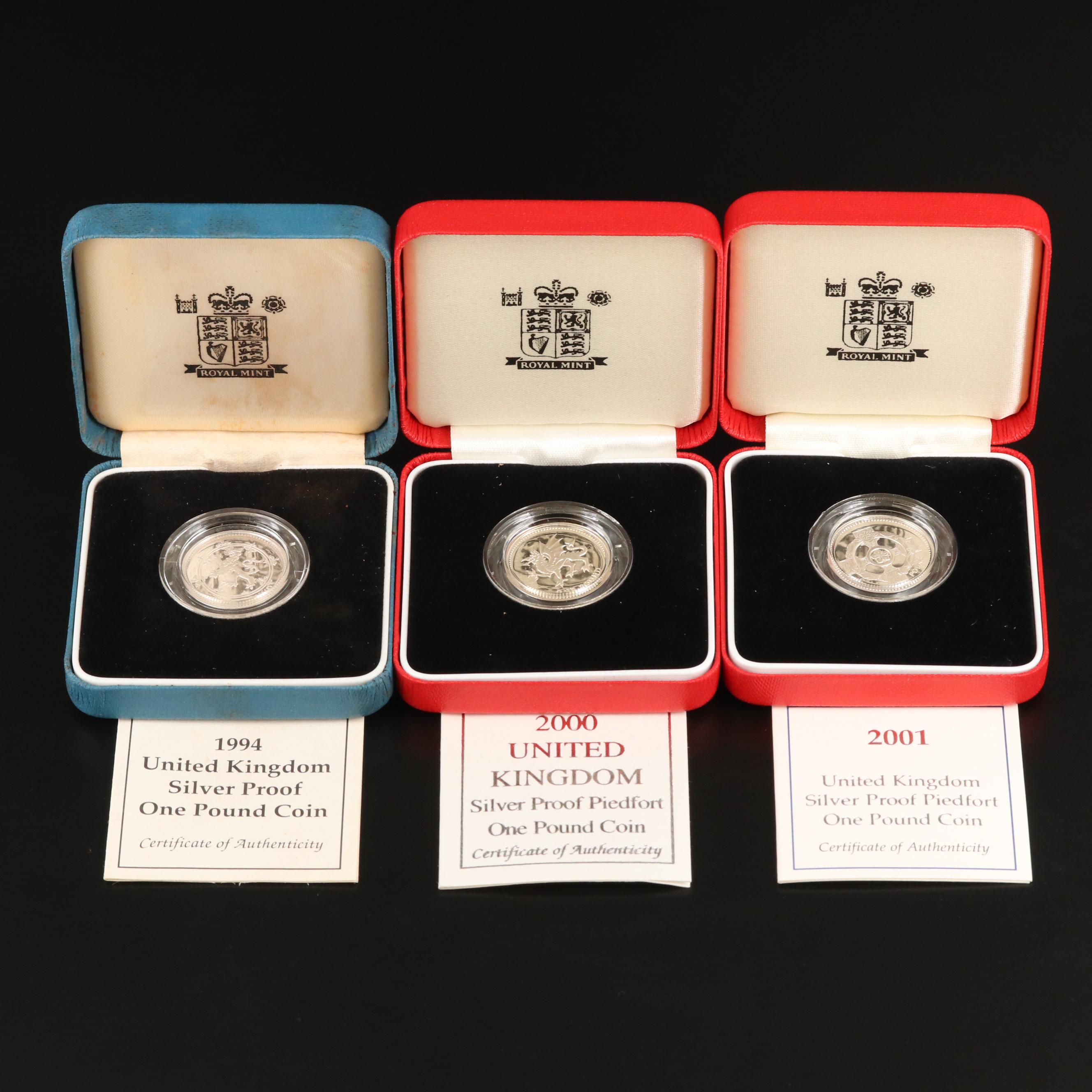 Three British Silver Proof Piedfort 1-Pound Coins