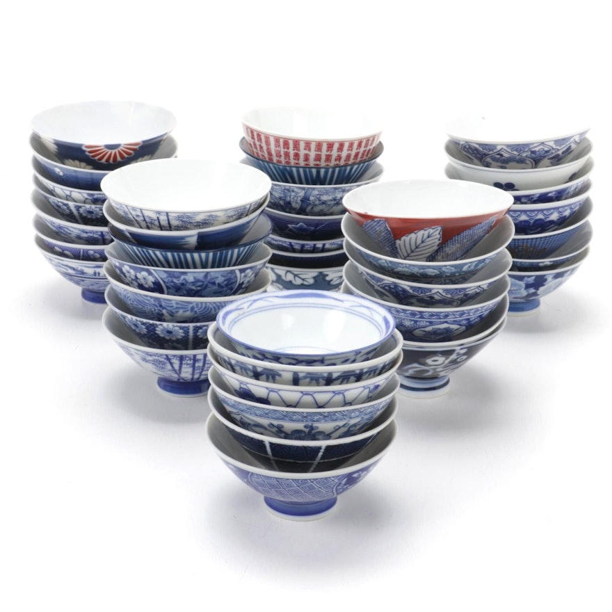 Japanese Blue, Red, and White Porcelain Rice Bowls