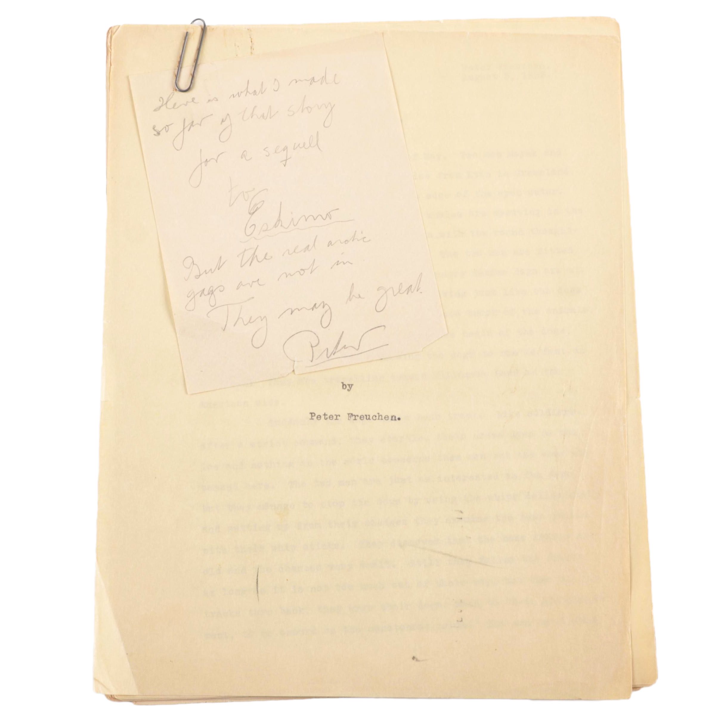 Peter Freuchen's Partial Manuscript Sequel to the Movie "Eskimo"