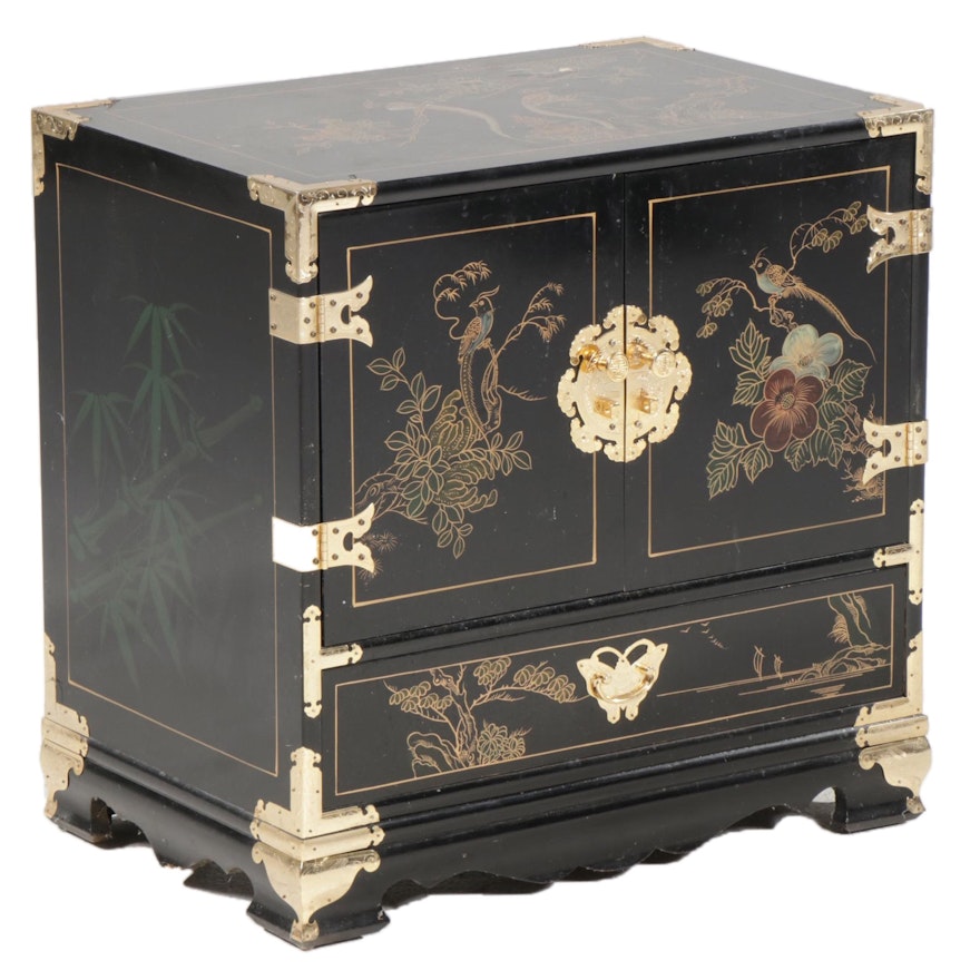 Small Chinese Style Brass-Mounted, Lacquered and Paint-Decorated Wood Cabinet