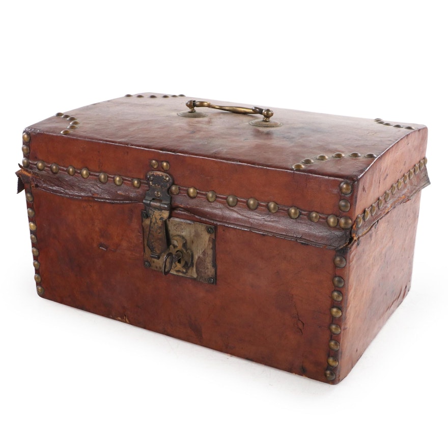 Brass-Studded Leather Document Box, 19th Century