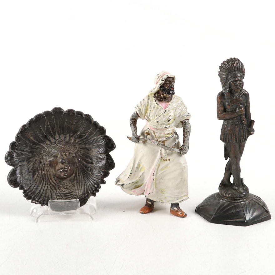Arabian and Native American Warrior Figurines with Cast Metal Dish