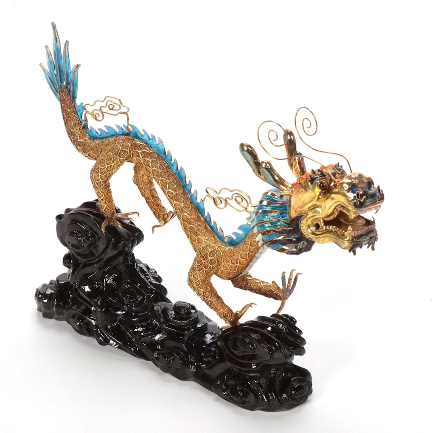 Chinese Paillonné Enamel and Filigree Dragon Sculpture
