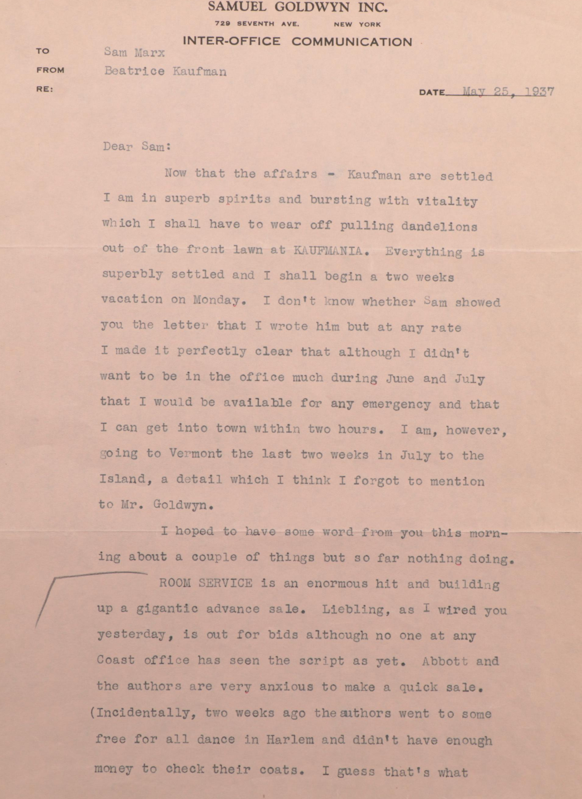 Beatrice Kaufman Letters to Samuel Marx, 1930s