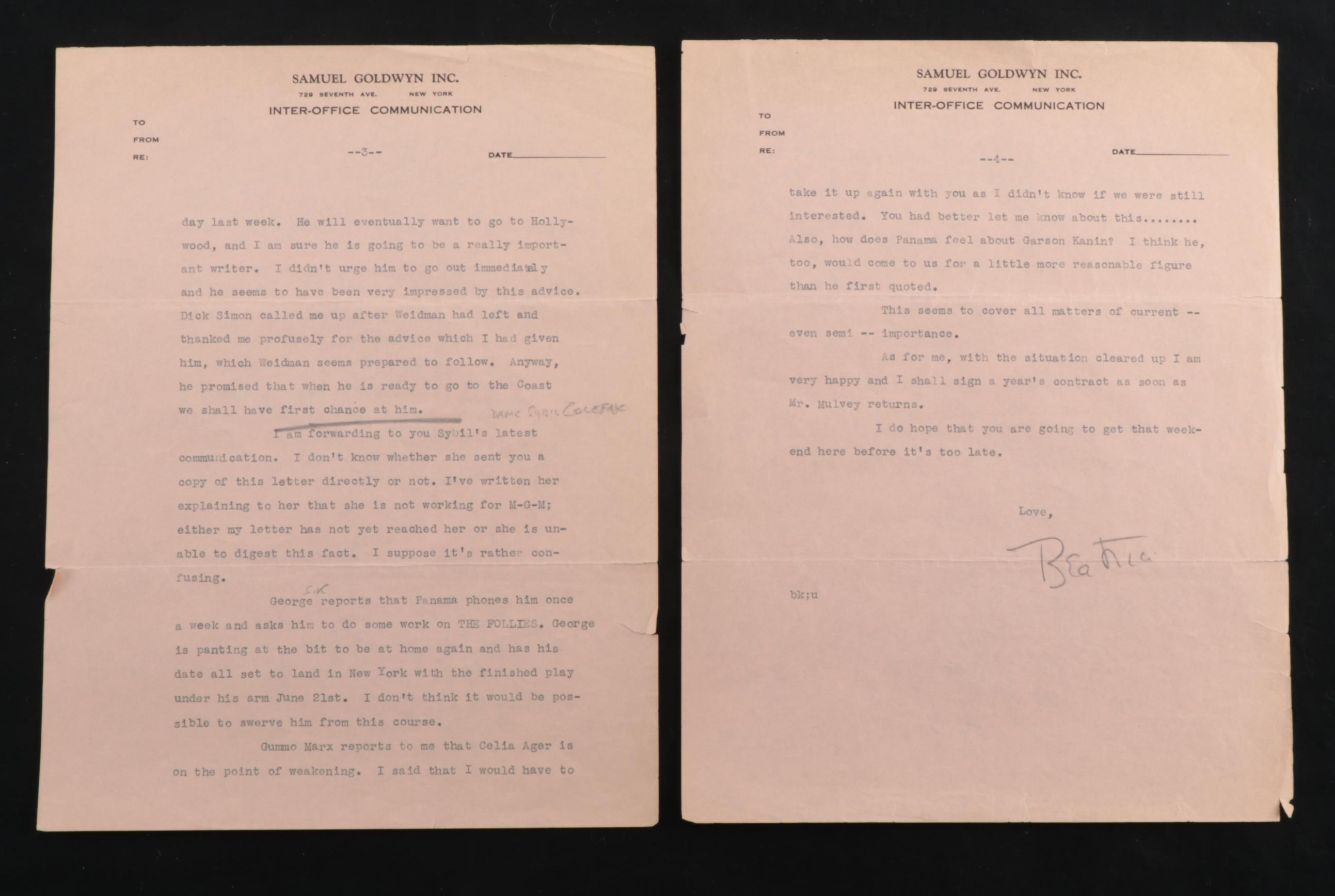 Beatrice Kaufman Letters to Samuel Marx, 1930s