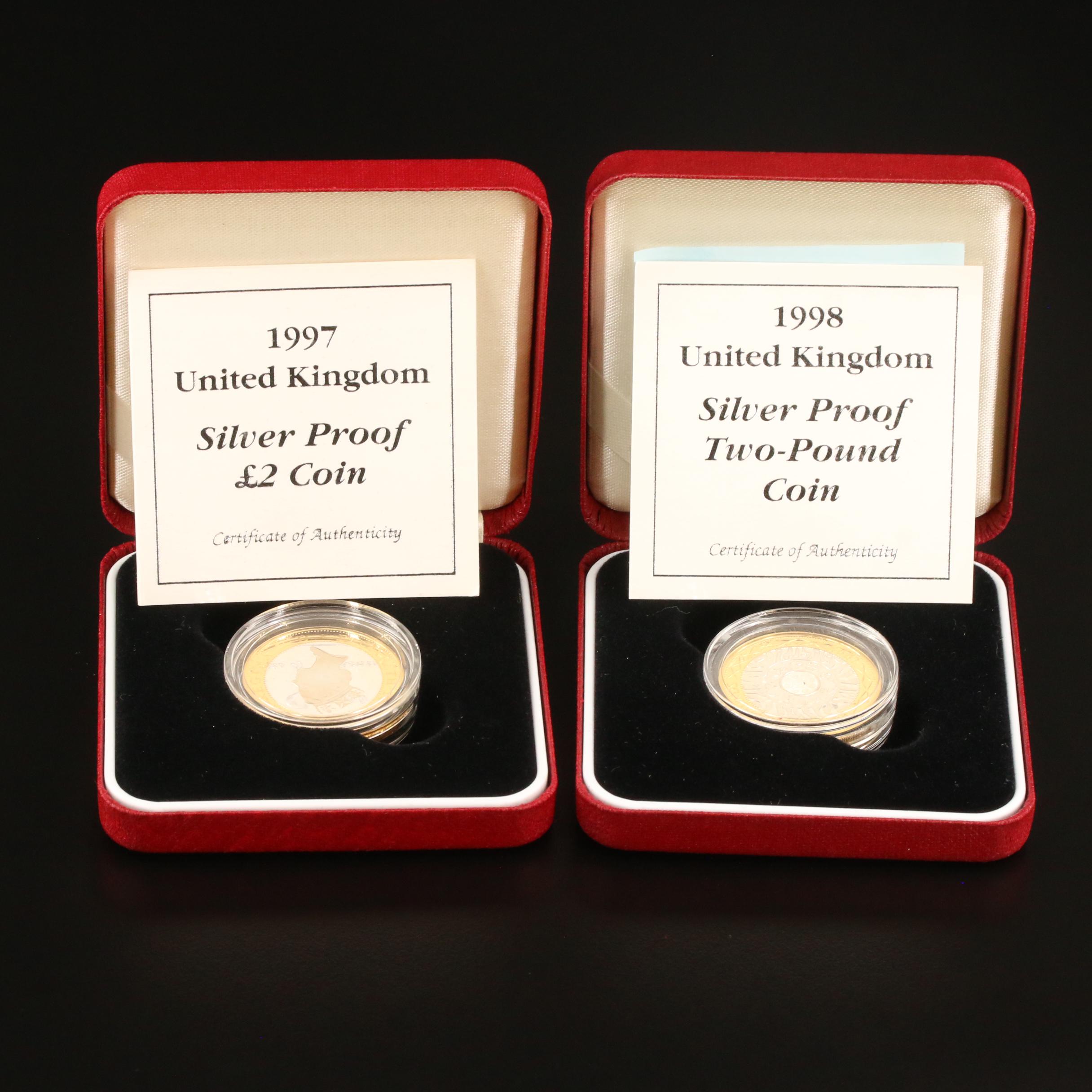 Two British Silver Proof 2-Pound Coins, 1997–1998