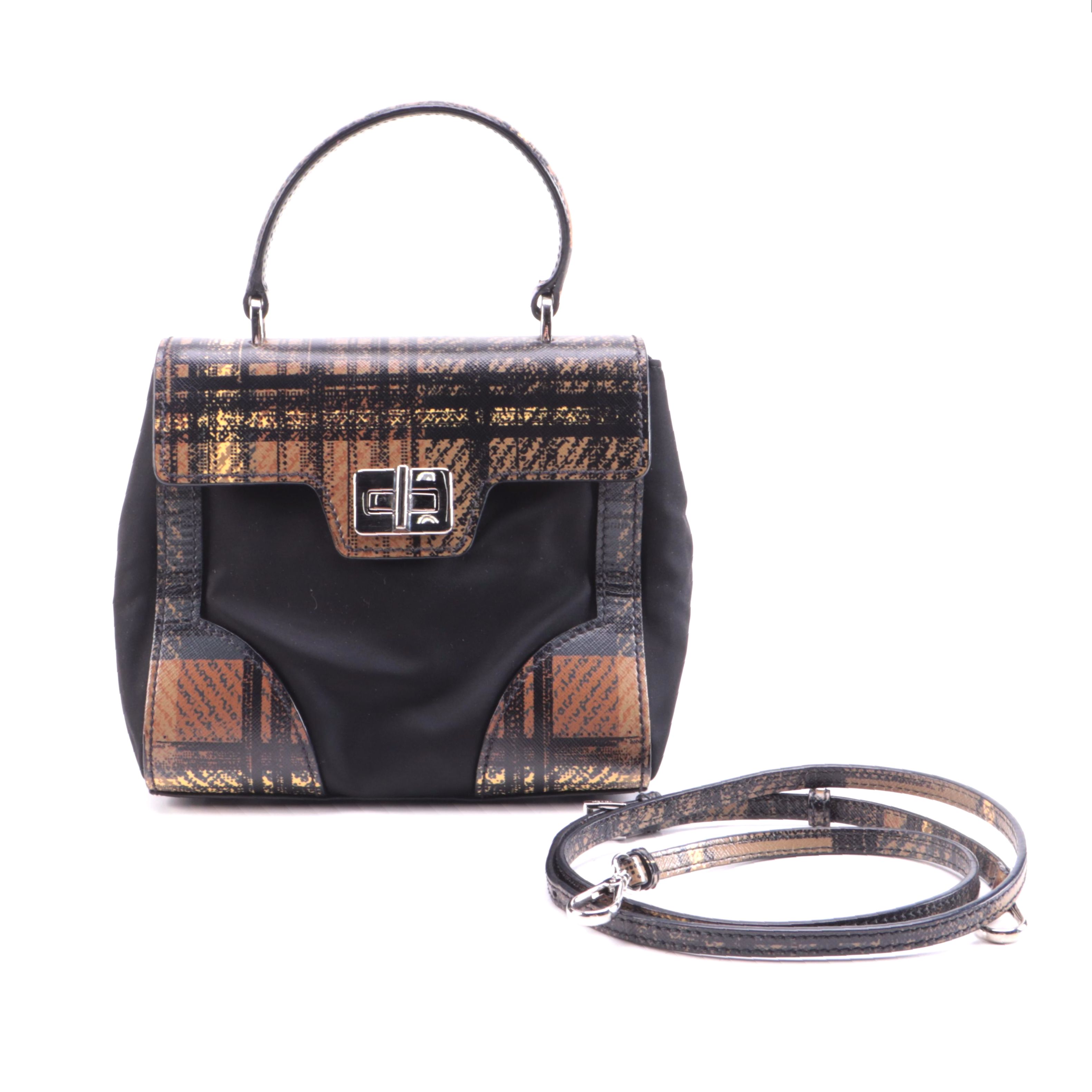 Prada Black Nylon and Plaid Coated Canvas Two-Way Top Handle Bag