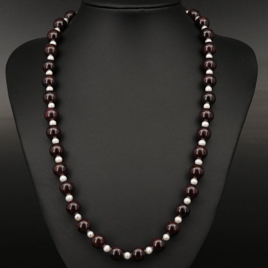 Pearl and Beaded Garnet Necklace with Sterling Clasp