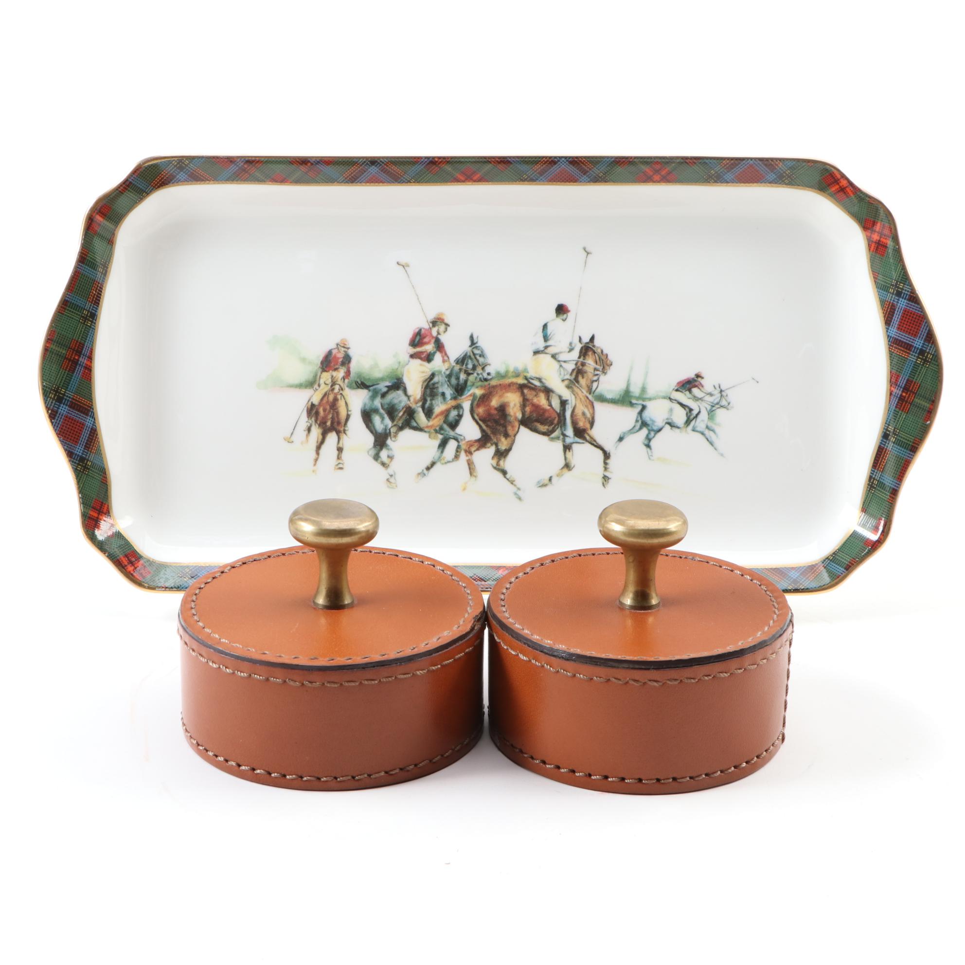 Ralph Lauren Leather and Brass Paperweights with "Highland Polo" Desk Tray